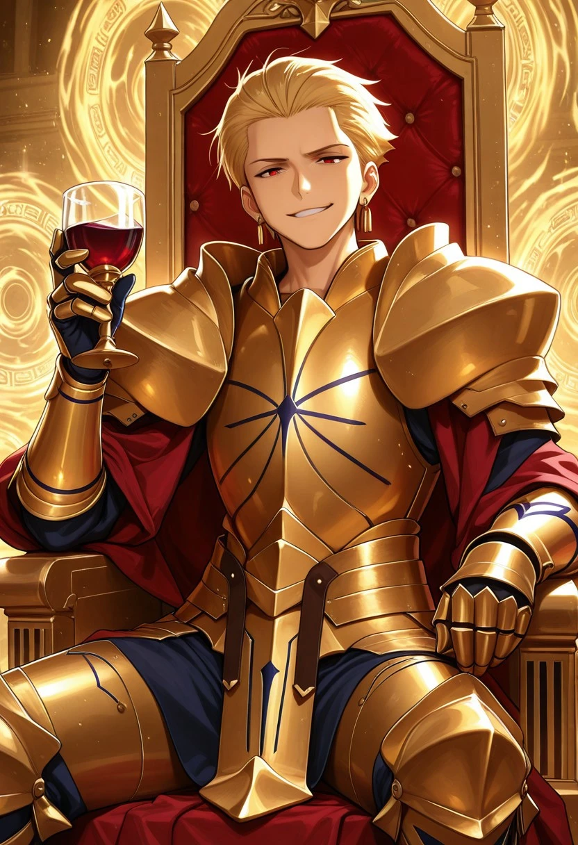 masterpiece, best quality, amazing quality, 1boy, solo, gilgameshgolden, blonde hair slicked back, short hair, red eyes, gold armor, shoulder armor, gauntlets, earrings, jewelry, looking at  the viewer, smug smirk, sitting on throne, gate of Babylon, holding chalice of wine,