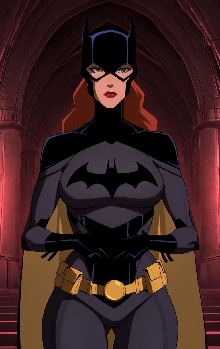 "0" :"amazing quality,very aesthetic,absurdres,best quality, 1girl, solo, 1girl, solo, long hair, looking at viewer, gloves, green eyes, red hair, indoors, black gloves, mask, lips, batgirl, bat symbol, red lips,b4g1rly0,((shinny skin,cowboy shot))",