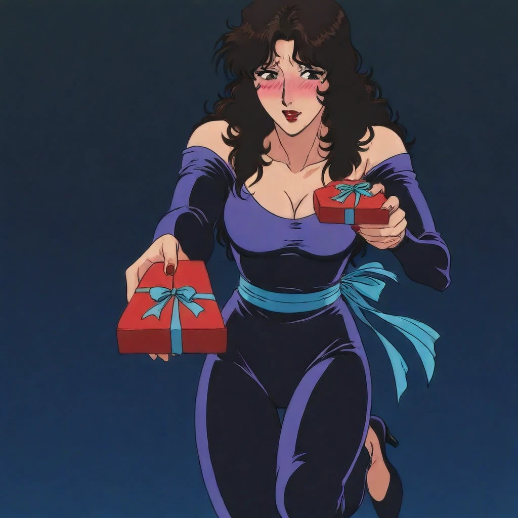 rui kisugi \(cat's eye\), dark brown hair, long hair, brown eyes, red lipstick, purple , sash, heels, cleavage, , 1girl, solo, giving chocolate, shy, blushing, anime screencap, simple background, masterpiece