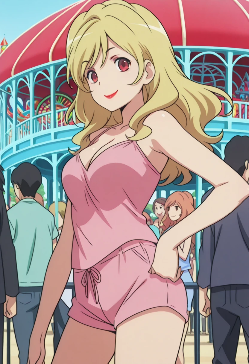 masterpiece, best quality, amazing quality,, <lora:yasuko-takasu-s1-illustriousxl-lora-nochekaiser:1>, yasuko takasu, long hair, blonde hair, red eyes, mature female, medium breasts, anime screencap, camisole, collarbone, bare shoulders, bare arms, shorts, cleavage, makeup, lipstick,, <lora:sailormars-pose-illustriousxl-lora-nochekaiser:1>, sailormars pose, solo, looking at viewer, smile, cowboy shot, hand on own hip,, amusement park, rides, crowds, fun, colorful, cowboy shot, solo, looking at viewer,