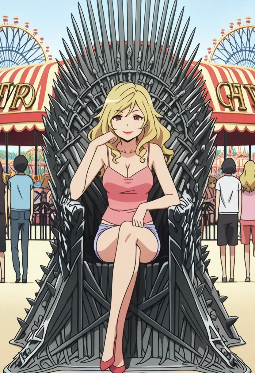 masterpiece, best quality, amazing quality,, <lora:yasuko-takasu-s1-illustriousxl-lora-nochekaiser:1>, yasuko takasu, long hair, blonde hair, red eyes, mature female, , anime screencap, camisole, collarbone, shoulders, arms, shorts, cleavage, makeup, lipstick,, <lora:iron-throne-illustriousxl-lora-nochekaiser:1>, iron throne, sitting, looking at viewer, sword, throne, sitting on throne, smile, full body, elbow rest, crossed legs, amusement park, rides, crowds, fun, colorful, cowboy shot, solo, looking at viewer,