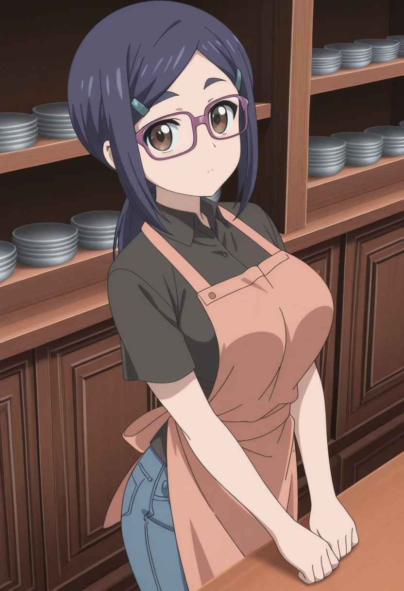 masterpiece, best quality, amazing quality,, <lora:ami-asai-s2-illustriousxl-lora-nochekaiser:1>, ami asai, long hair, hair ornament, brown eyes, blue hair, glasses, hairclip, ponytail, mature female, large breasts, anime screencap, shirt, black shirt, collared shirt, short sleeves, apron, pants, denim,, from above,, shop, items, counter, customer, shelves, cowboy shot, solo, looking at viewer, <lora:transparent-background-illustriousxl-lora-nochekaiser:1>, transparent background, simple background, white background