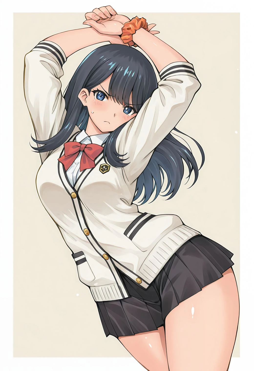 masterpiece, best quality, amazing quality, highres, absurdres, ultra-detailed, b0x, 1girl, solo, takarada rikka, straight hair, long hair, black hair, blue eyes, white cardigan, red bowtie, sleeves rolled up, wrist scrunchie, miniskirt, pleated skrit, black skirt, border background, annoyed, looking at viewer, dynamic angle, dynamic pose, traditional media