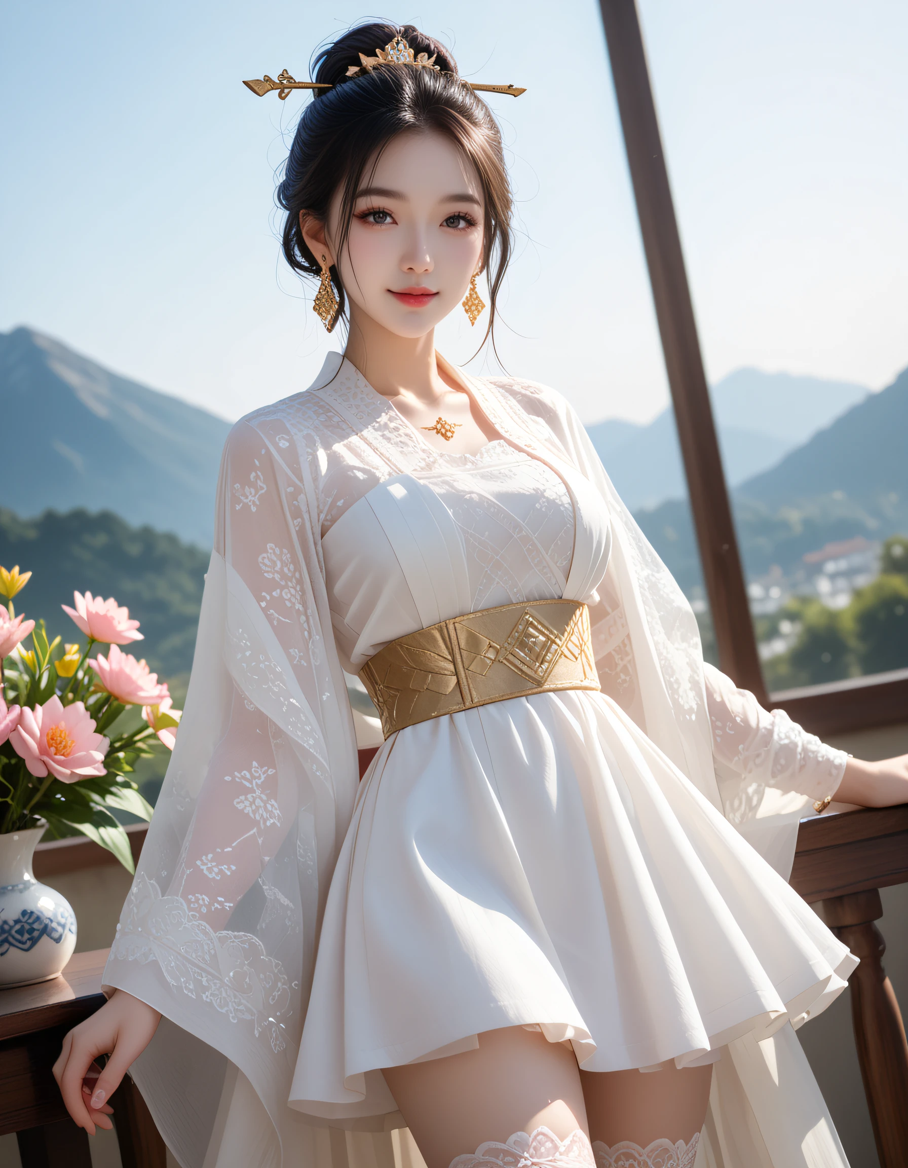 zPDXL3, safe_pos, score_9, score_8_up, source_realistic, source_anime,
8k, best quality, ultra high res, sharp focus,
masterpiece, expressive, digital art, cinematic,
intricate details, extremely detailed, Unreal Engine,
cinematic light, photo studio lighting,
dramatic angle, dynamic camera angle, unique perspective, unique angle, wide angle, dutch angle, foreshortening,
establishing shot, graceful stretching angle,
Diffuse lighting, (sfw:1.3),
Agfa APX 400, Ektar 100, Flash Photography,
larage breasts,
, ExpressiveH,
blurred eyes, innocent, lovely face,
big eyes, beautiful detailed eyes, very detailed eyes, detailed beautiful delicate face,
realistic humid skin, detailed skin,
sexy pose, sensual posture, graceful pose, curvy, scenery, perfect legs,
erotic posture, sexual intent, sensual, alluring, voluptuous,
dynamic pose, more detail,
blurry background,
1girl, , hanfu, seductive smile,
beautiful rhododendron girl with large flowers, mountain beauty, and toxic warning xianxia maiden, coral red dominant color dress, flower stamens with pollen dusting surface texture,
wearing elegant minimalist qipao with clean lines with cross collar hanfu with flowing ribbons collar and ancient robe with phoenix embroidery over moonlit narrow straight sleeves with patterned details sleeves,
fragrant short knee-length hanfu skirt with contrast pleating with color differences and celestial crimson silk belt with tassels belt, phoenix motif stockings legwear, blue cotton shoes with moonlit details footwear,
facial features: innocent confusion with puzzled look expression, flower petal brows with soft edges eyebrows, gold glitter eyeliner eye makeup, ethereal golden lotus huadian forehead markings,
hair styling: moonlit flying hair strands in the wind and wood hair flexibility with organic resilience hairstyles,
accessories: heavenly crystal dangling hairpin hair ornaments, lotus silver dangling earrings with graceful details jewelry, gold bangles on wrist with graceful details and spirit tablet stand empty of inscription additional accessories,
pose: floating cross-legged, rotating charm talismans, (talisman orbit:1.25), (ethereal poise:1.1) and injustice protesting with righteous anger in artist's studio with creative chaos environment with lotus cloudy mountain peak with silken details, distant tiered pagoda with jade roof tiles background,
atmosphere: magnolia flowers spring awakening seasonal elements, warm lighting with orange-red bias lighting effects