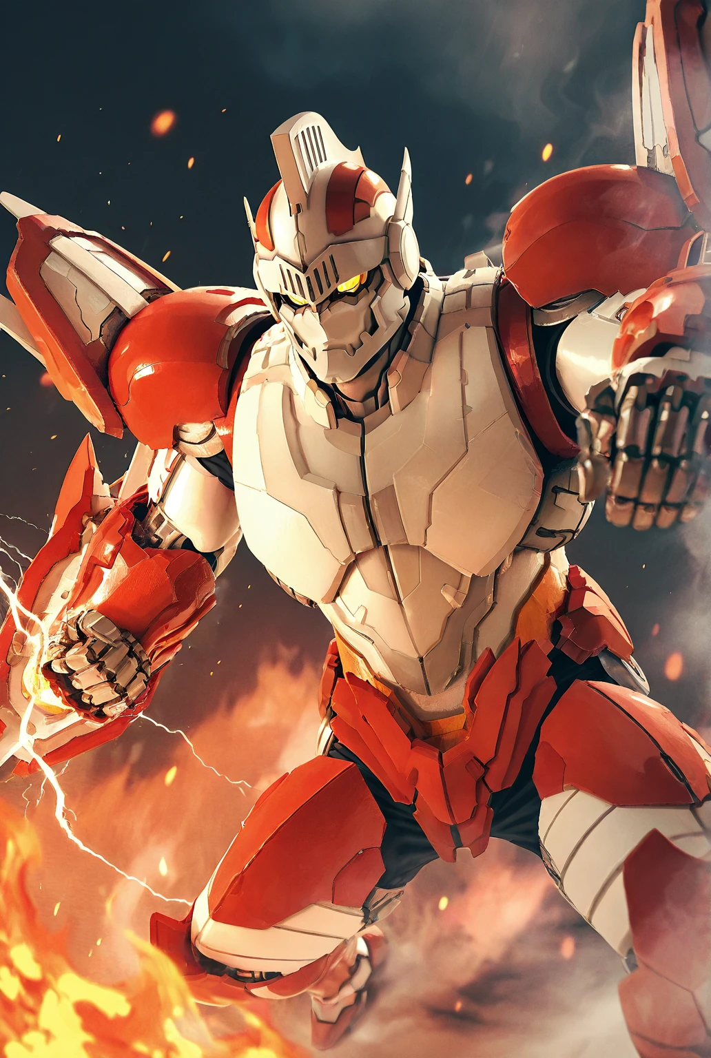 very awe,aesthetically pleasing,masterpiece,best quality,amazing quality,very aesthetic,ultra-detailed,high resolution,8k,1boy,solo,male focus,detailed face,mecha,robot,science fiction,yellow eyes,super robot, dynamic pose, perspective, steam, depth of field,fire,electricity,<lora:add-detail-xl:1>,<lora:Jean-Bot:0.7>,jeanb0t,<lora:jiaocha_illustriousXL:0.5>,