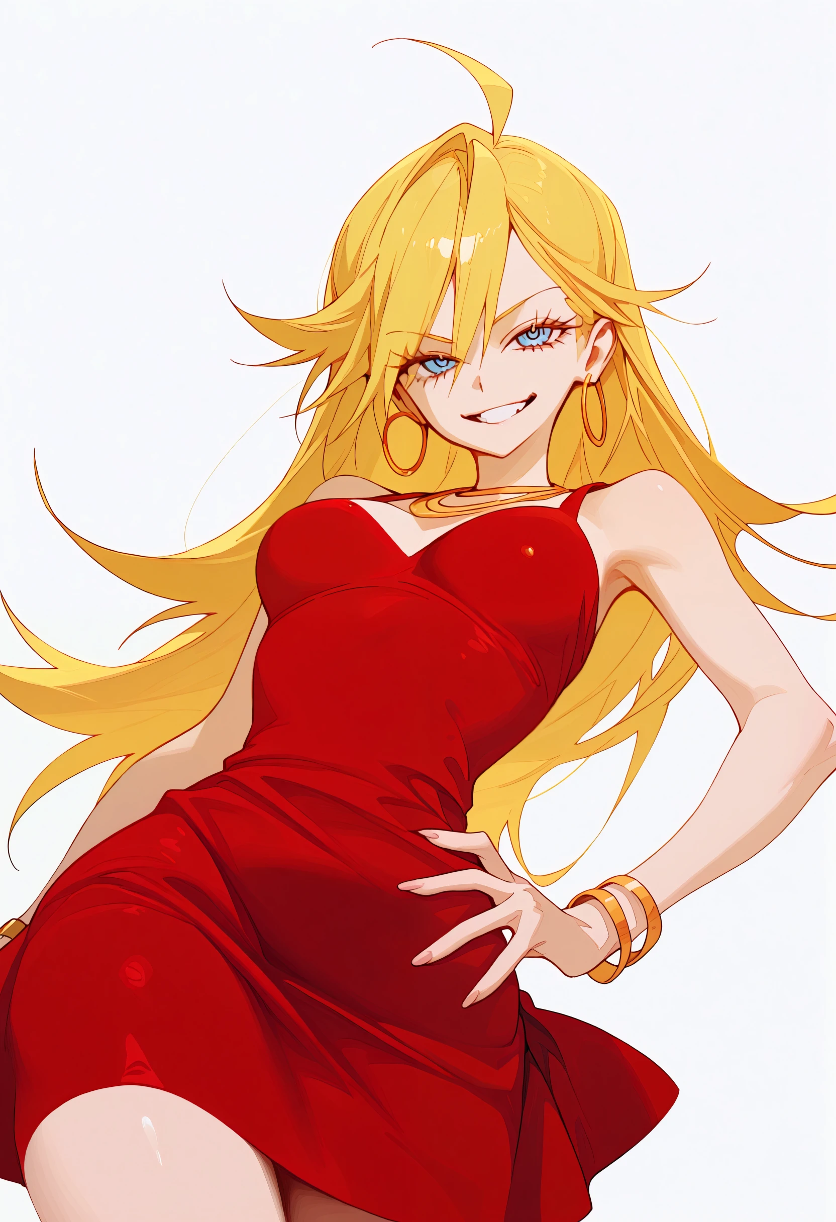 <lora:sagawa2-illustriousXL_v01_V6-CAME-000035>, 1girl,  \(psg\), solo, skirt, dress, jewelry, white background, blonde hair, ahoge, bracelet, hoop earrings, blue eyes, earrings, long hair, grin, red dress, looking at viewer, smile, hand on own hip,