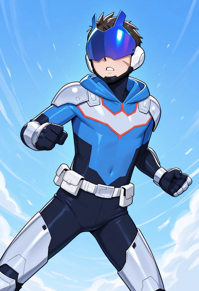 masterpiece, best quality, high quality, absurdres, 1boy, Solo, Male Focus, Koichi, Brown Hair, Brown Eyes, scar on cheek, Skycrawler Costume, multi toned bodysuit, blue bodysuit, black bodysuit, white bodysuit, blue visor, hood, silver armor, silver shoulder pads, Gloves, silver bracers, utility belt, silver kneepads, dynamic pose, action pose