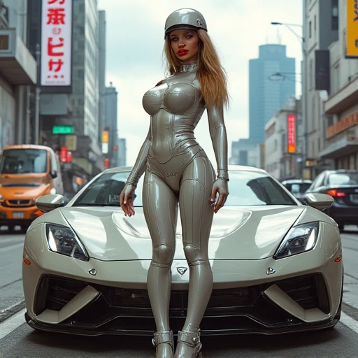 d3laura is a curvy cyborg standing next to a futuristic bubble-shaped sports car in a cyberpunk city of the future. she wears a tight white bodysuit adorned with circuitry.