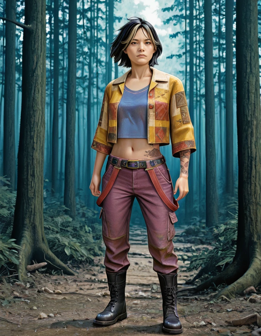1girl, asian, solo, boots, pants, navel, belt, black hair, midriff, jacket, shirt, arm tattoo, stomach tattoo,  realistic, yellow jacket, short hair, multicolored hair, black footwear, vee boonyasak,  <lora:Vee_Boonyasak_Dead_by_DaylightIIIustrious:0.8>, realistic, forest upper body  <lora:HiBoSam-illustriousXL_v01_V1-CAME:1>