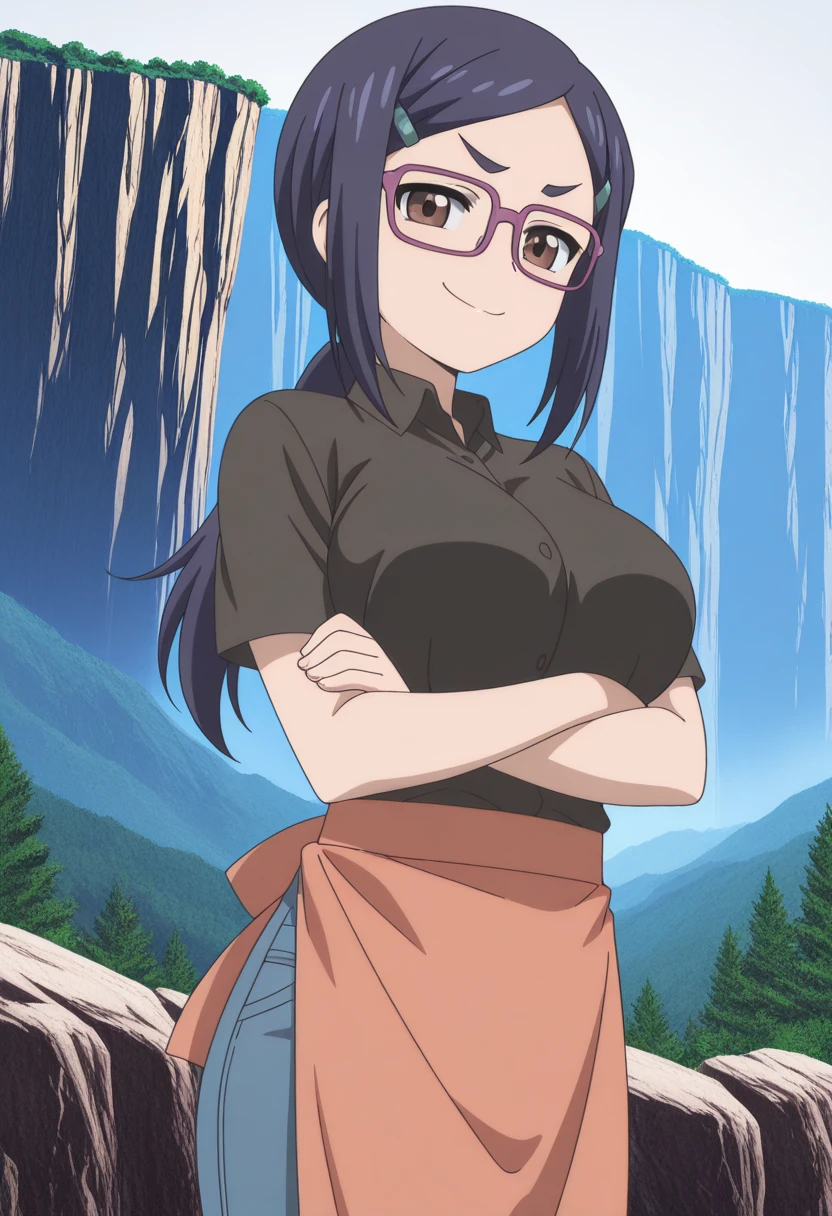 masterpiece, best quality, amazing quality,, <lora:ami-asai-s2-illustriousxl-lora-nochekaiser:1>, ami asai, long hair, hair ornament, brown eyes, blue hair, glasses, hairclip, ponytail, mature female, large breasts, anime screencap, shirt, black shirt, collared shirt, short sleeves, apron, pants, denim,, crossed arms, smug, cliff, height, rocks, nature, sky, cowboy shot, solo, looking at viewer, <lora:transparent-background-illustriousxl-lora-nochekaiser:1>, transparent background, simple background, white background