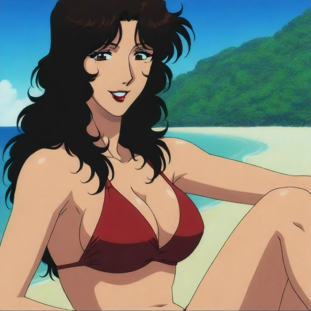 rui kisugi \(cat's eye\), dark brown hair, long hair, brown eyes, red lipstick, red , cleavage, , 1girl, solo, sitting at beach, smiling, anime screencap, simple background, masterpiece