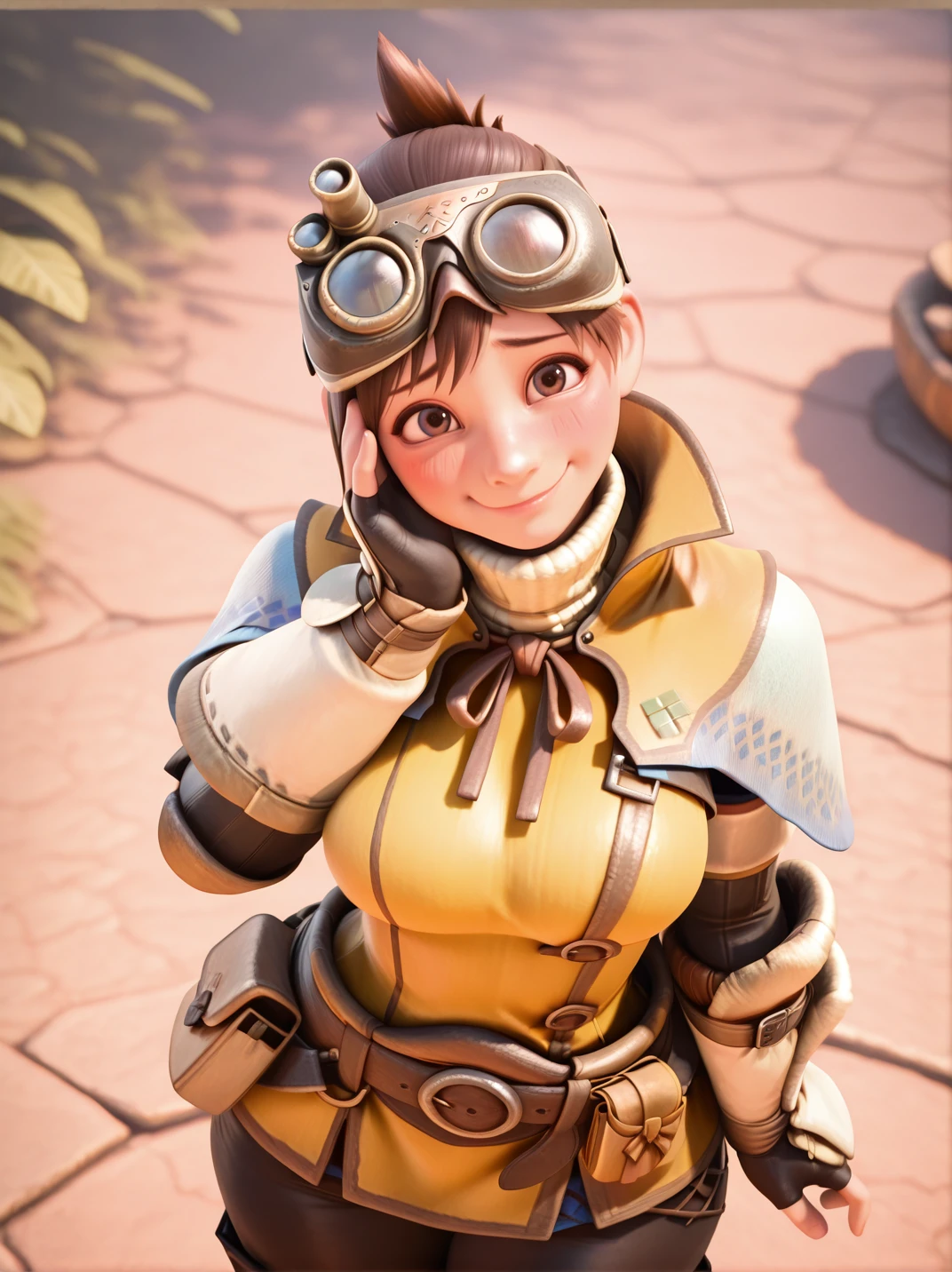 highres, hi res, best quality, masterpiece,
1girl, (TheHandlerXL:1), (goggles on head, short hair, brown hair, turtleneck, yellow tunic, capelet, fingerless gloves, brown eyes, arm guards, black pants, belt, belt pouch, :1.2),, narrow waist, wide hips, large breasts, thick thighs,
light smile, dutch angle, naughty pose, looking at viewer, outdoors,  solo, dynamic pose, cowboy shot, head tilt, from above, head focus, hand on own cheek, nervous smile, blush,
<lora:ATheHandler_character:0.75>,,  <lora:DisneyStudios_style-12IL:1>, DisneyStudioXL,,, cartoon, cinematic,,3d,