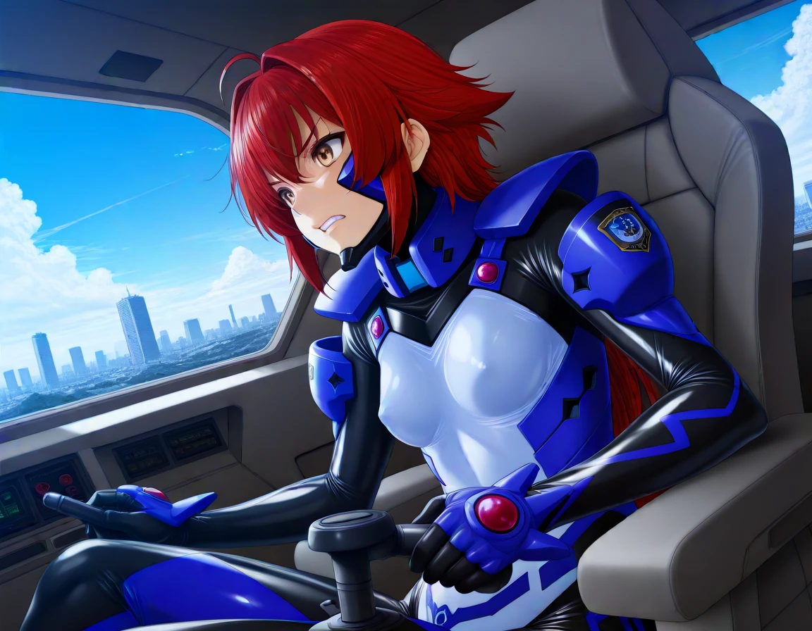 masterpiece, best_quality, very_aesthetic, highres, absurdres, ultra detailed,
, sleek hair, blood red hair, light beige eyes, Tiny breasts ,
sitting, cockpit,
,by fumihiko_(fu_mihi_ko),
Makoto Tateno,
<lora:neg_3-3_V02:0.4> , <lora:muv-luv_pilotsuit_IL:1> muv-luv pilot suit, bodysuit, pilot suit, science fiction ,cockpit, solo,
blue sky, cloudy sky, shoulder armor, , clenched teeth, buildings,ruins ,holding joystick, mecha pilot suit, pilot chair,pilot