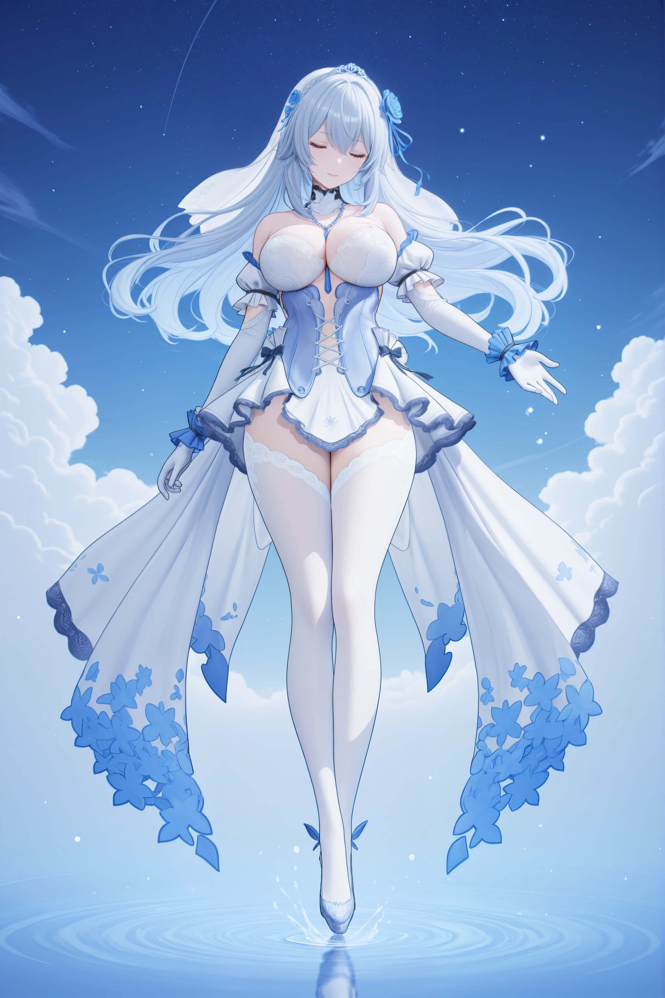 ,(artist:tokkyu:0.7),(artist:tokkyu:yoneyamamai:0.5),(artist:ran'ou(tamago_no_kimi):0.5),(artist:atdan:0.5),artist:yolanda,artist:rella,(artist:vixen),year 2023,fzlyfe, 1girl, breasts, solo, thighhighs, strapless, gloves, elbow gloves, white gloves, yellow eyes, bare shoulders, white thighhighs, dress, veil, grey hair, large breasts, looking at viewer, blue hair flower, hair ornament, cleavage, hair between eyes, strap between breasts, high heels, detached sleeves, detached collar, tiara, blue hair ribbon, braid, necklace,
BREAK, masterpiece, best quality, very aesthetic, absurdres, (ethereal:1.4), (watercolor:1.4), (impressionism:1.2), (oil painting:1.2), partly realistic texture, excellent depth of field, cinematic lighting, mood lighting, volumetric lighting, ray tracing, dramatic shadows, chromatic aberration, overexposure, contour deepening, bubbles, full body, looking at viewer, 1 girl, solo, elegant.1girl, full body, (watercolor style:1.4), (dreamy washes:1.3), (fluid colors:1.2), soft blending, delicate textures, (floating:1.2), outstretched arm, (closed eyes:1.3), pale skin, frilled sleeves, puffy sleeves, (blue theme:1.2), moonlight, cloudy night sky, (light particles:1.3), atmospheric depth, abstract background, (floating hair:1.2), starry sky, BREAK, 1girl, wavy hair, shoulder-long hair, jitome, gentlely smile, blush,,,masterpiece,best quality,amazing quality,highres,absurdres,newest,very aesthetic,extreme aesthetic,sensitive,very awa,incredibly
<lora:Xu Er thick paint composition light texture enhancement:0.3> <lora:se_v1_epic_style:0.2>