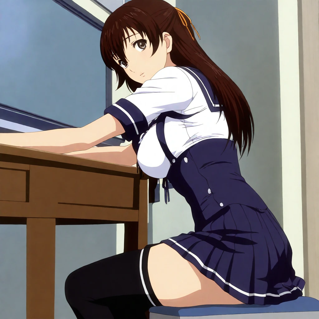 masterpiece,high score,great score,absurdres,looking at viewer,solo,from side,<lora:AmiUehara hassakuill30:1> amiuehara, brown hair, long hair, hair ribbon, brown eyes,serafuku,underbust,thighhighs,