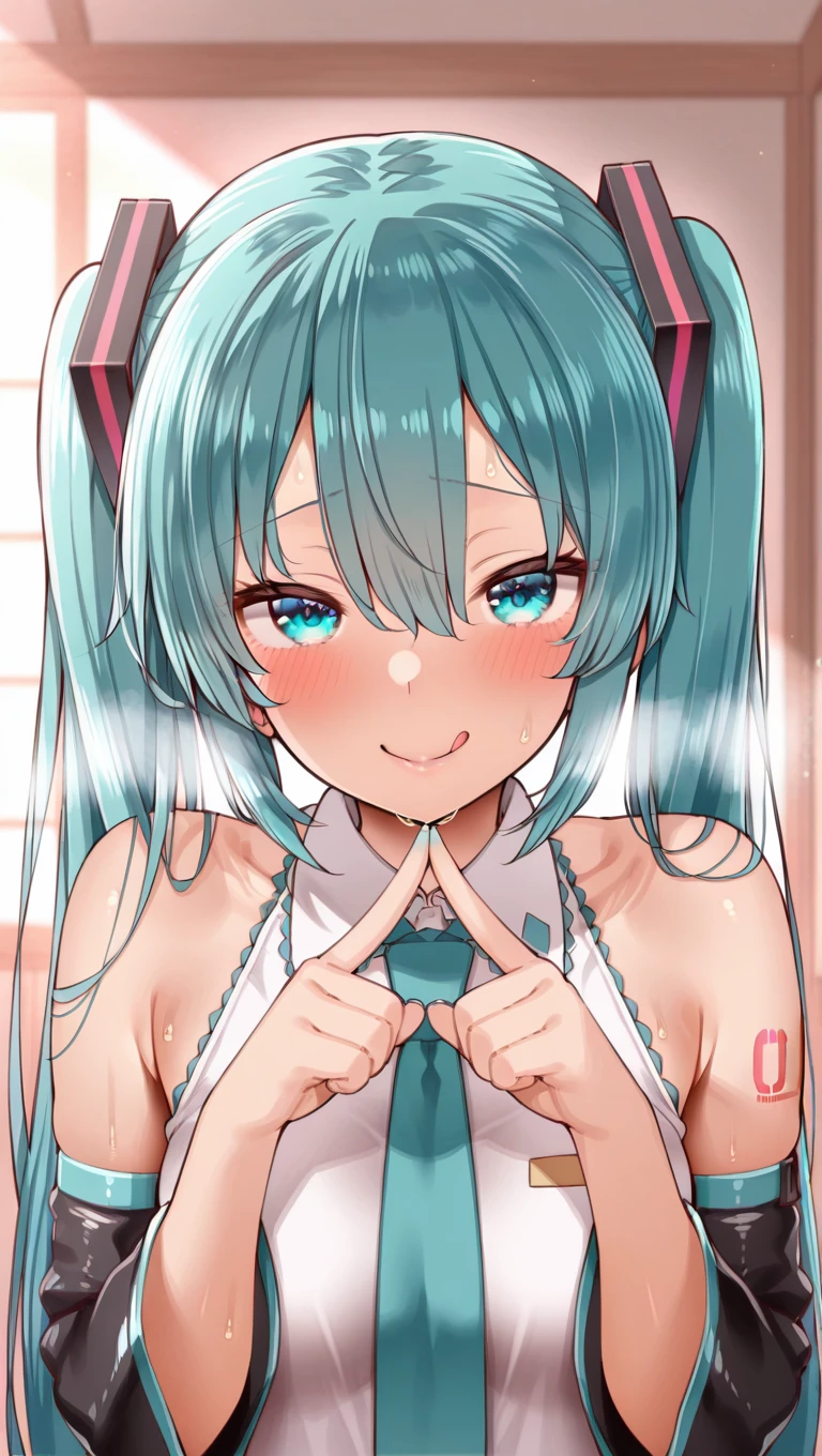 (masterpiece),best quality,amazing quality,very aesthetic,absurdres,newest,perfect body,shiny skin,perfect eyes,detail1eye,well-defined fingers,well-defined fingernails,anime style,indoors,1girl,solo,upper body,(portrait:1.5),looking at viewer,facing viewer,smile,blush,Izure style,hatsune miku,absurdly long hair,aqua hair,twintails,hair ornament,sidelocks,hair between eyes,parted bangs,aqua eyes,white shirt,collared shirt,bare shoulders,sleeveless shirt,aqua necktie,detached sleeves,black sleeves,shoulder tattoo,fringe,miniskirt,pleated skirt,<lora:Hatsune Miku(voc)-Illus-Remake:1.6>,<lora:Izure[style]-Illus:2>,