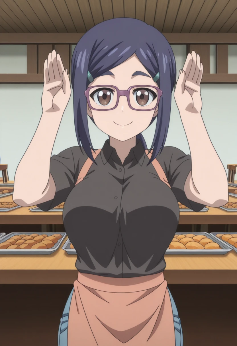 masterpiece, best quality, amazing quality,, <lora:ami-asai-s2-illustriousxl-lora-nochekaiser:1>, ami asai, long hair, hair ornament, brown eyes, blue hair, glasses, hairclip, ponytail, mature female, large breasts, anime screencap, shirt, black shirt, collared shirt, short sleeves, apron, pants, denim,, <lora:rabbit-pose-illustriousxl-lora-nochekaiser:1>, rabbit pose, hands up, looking at viewer, smile, cowboy shot,, cafeteria, tables, food_trays, chairs, line, cowboy shot, solo, looking at viewer,