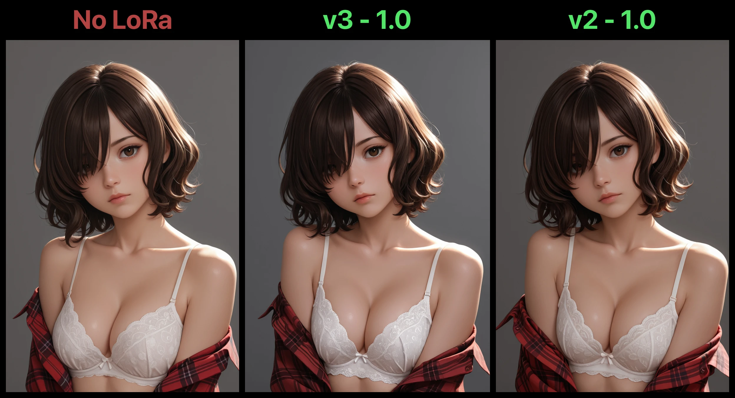 masterpiece, best quality, amazing quality, 1girl, solo, looking at viewer, short hair, simple background, shirt, brown hair, closed mouth, bare shoulders, brown eyes, collarbone, upper body, open clothes, medium hair, grey background, off shoulder, mole, hair over one eye, bra, lips, head tilt, plaid, open shirt, expressionless, wavy hair, camisole, white bra, nose, single bare shoulder, plaid shirt, sidelighting, single off shoulder, perfect eyes