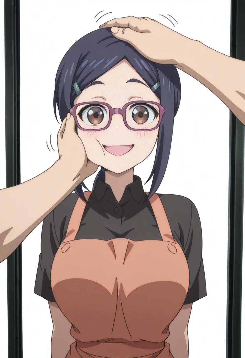 masterpiece, best quality, amazing quality,, <lora:ami-asai-s2-illustriousxl-lora-nochekaiser:1>, ami asai, long hair, hair ornament, brown eyes, blue hair, glasses, hairclip, ponytail, mature female, large breasts, anime screencap, shirt, black shirt, collared shirt, short sleeves, apron, pants, denim,, <lora:pov-cheek-and-head-pat-illustriousxl-lora-nochekaiser:1>, pov cheek and head pat, pov cheek and head pat (meme), looking at viewer, blush, smile, open mouth, upper body, solo focus, pov, hand on another's head, pov hands, headpat, hand on another's face, hand on another's cheek, petting,, city street, evening, streetlights, walking dog, quiet neighborhood, gentle breeze, cowboy shot, solo, looking at viewer, <lora:transparent-background-illustriousxl-lora-nochekaiser:1>, transparent background, simple background, white background