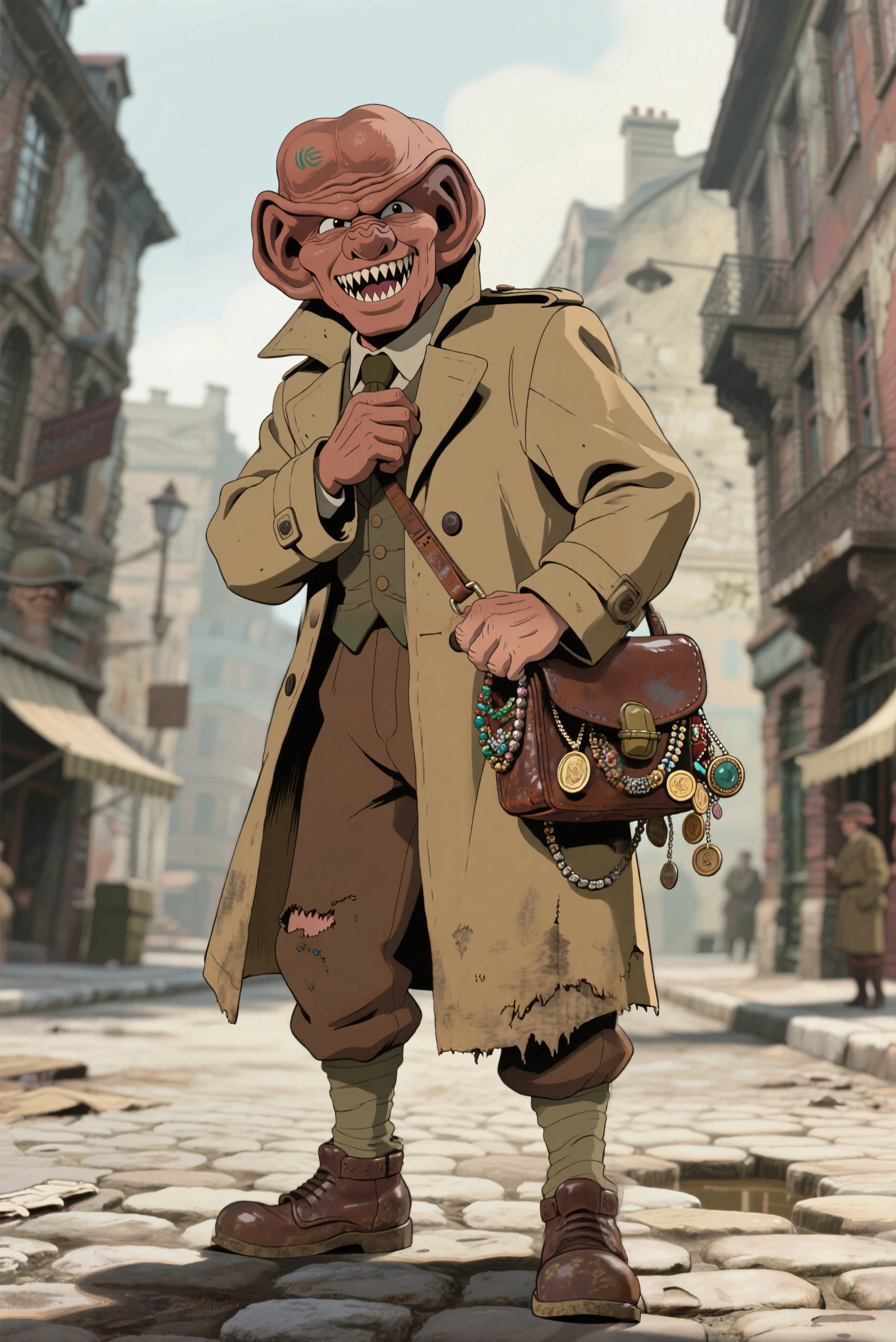 A high-quality Ghibli-style illustration with soft, painterly coloring and detailed linework, depicting a Ferengi character transported into WWII-era Earth. The composition is designed with cinematic framing: the camera is at a low, ground-level three-quarter angle, looking slightly upward at the Ferengi from waist height, which emphasizes both his oddity in the setting and the sense of him intruding into human history. The perspective makes his exaggerated facial features stand out, while also showing the environment around him in rich detail.
The Ferengi is front and center, standing on a cobblestone street in a European city during WWII. He has his classic Ferengi appearance â oversized ears, sharp teeth in a mischievous grin, wrinkled brow ridges â but heâs dressed awkwardly in ill-fitting WWII-era human attire that looks scavenged: a tan trench coat a size too large, with sleeves hanging past his arms, and brown trousers tucked sloppily into worn leather boots. The collar of the trench coat is turned up, almost comically, trying to make him look inconspicuous. His clothes are dusty and a bit torn, as though heâs been wandering a war-torn city.
He clutches a small, overflowing leather satchel to his chest with one hand, coins, jewelry, and trinkets spilling from its edges, catching the sunlight. With his other hand, heâs nervously tugging at his oversized trench coat. His expression is a mix of sly greed and anxious alertness â wide eyes scanning the street for both opportunities and threats.
The background is richly atmospheric in true Ghibli fashion: bombed-out buildings stand behind him, their broken windows and crumbling facades softened by painterly light and shadow. The cobblestones are detailed with puddles reflecting the overcast sky. In the distance, a half-destroyed tram sits abandoned, with ivy and weeds already creeping into the cracks â a touch of nature reclaiming destruction, a hallmark of Ghibliâs worldbuilding.
The coloring style emphasizes warm earthy tones against desaturated grays: the Ferengiâs orange-brown skin contrasts sharply with the muted ruins, making him the focal point. The lighting is diffuse and natural, as if the sun is breaking through clouds after a rainstorm, highlighting the satchelâs glittering contents.
The overall mood blends humor and melancholy: the absurdity of a Ferengi in WWII human clothes is softened by the Ghibli aesthetic, while the detailed environment grounds the scene in a quiet, contemplative moment of history.