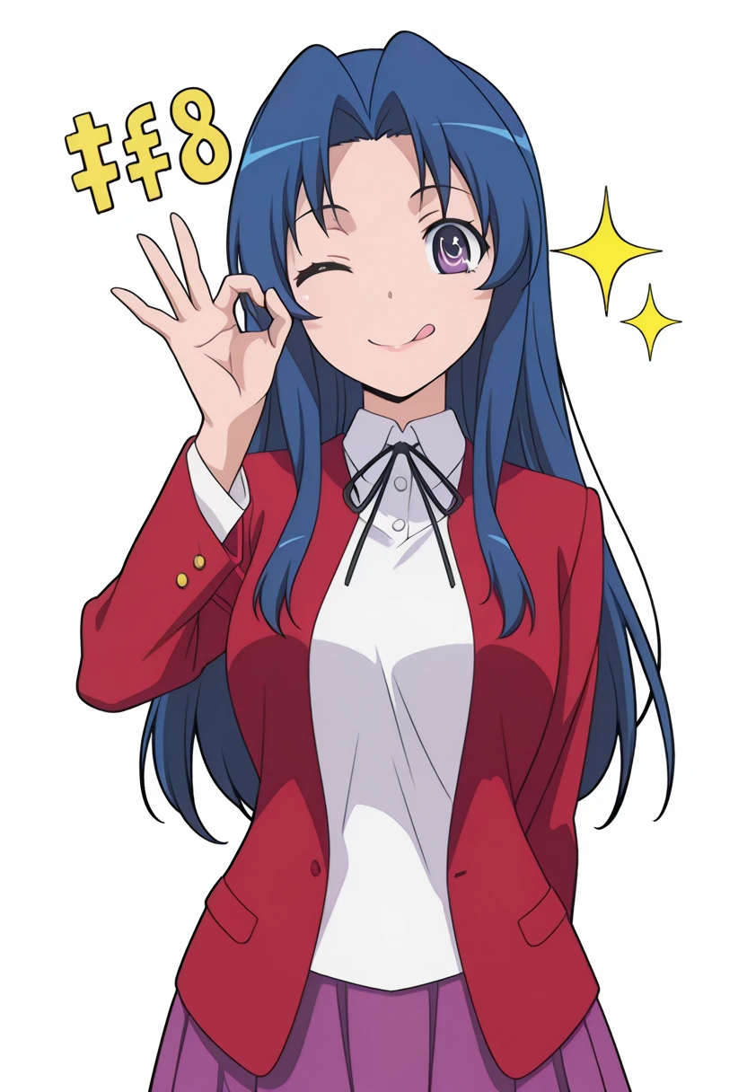 masterpiece, best quality, amazing quality,, <lora:ami-kawashima-s1-illustriousxl-lora-nochekaiser:1>, ami kawashima, long hair, blue hair, purple eyes, parted bangs, mature female, , anime screencap, jacket, red jacket, long sleeves, shirt, white shirt, collared shirt, ribbon, skirt, pleated skirt,, <lora:money-gesture-illustriousxl-lora-nochekaiser:1>, money gesture, smile, tongue out, looking at viewer, money eyes, sparkling, ok sign, one eye closed, upper body, money, yen sign, dollar sign, hand up,, prison, bars, cells, guards, confined, cowboy shot, solo, looking at viewer, <lora:transparent-background-illustriousxl-lora-nochekaiser:1>, transparent background, simple background, white background