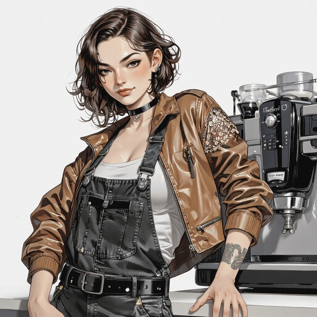 DarKata style. A digital illustration shoot from a portrait camera angle about a confident young woman standing in front of a coffee machine, wearing a stylish outfit consisting of a brown jacket, black overalls, and a black choker. on the middle of the image, a 20-year-old woman with dark brown hair, wavy and wavy hair, and black eyes, who appears to be smiling confidently, is standing with one hand on her hip and the other resting on the counter next to the coffee machine. she is wearing a brown leather jacket with lace sleeves, a white tank top underneath, black denim overalls with a black belt and a choker necklace, and has tattoos on her arms. her expression is a smile, and she is looking directly at the viewer with a slight smirk on her face. the background is plain white, and the overall style is reminiscent of a comic book or graphic novel.