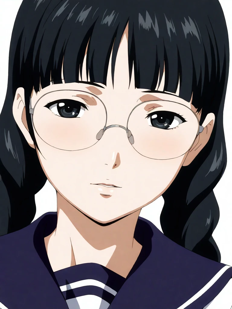 masterpiece,high score,great score,absurdres,looking at viewer,solo,portrait,white background,<lora:NaoKurata hassakuill30:1> 1girl, black hair, twin braids, black eyes, glasses,serafuku,