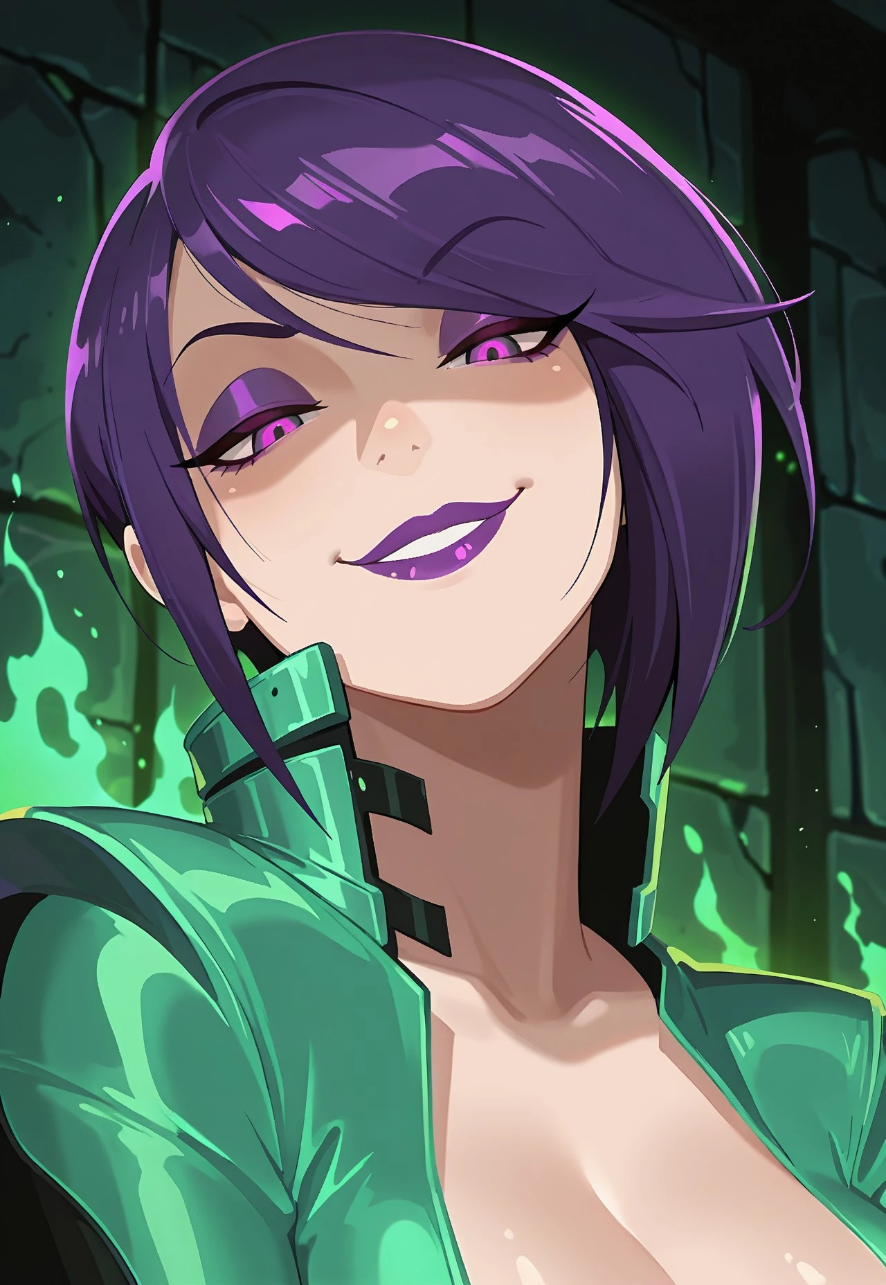 masterpiece, best quality, amazing quality, very aesthetic, absurdres, newest, anime style, cel-shaded, TowerYvonne, 1girl, neck up,  expression, confident eyes, smug smile, intense stare, head tilt, purple_hair, asymmetrical_bob, sharp_bangs, purple_eyes, purple_eyeshadow, purple_lipstick, strapped_metal_collar, dramatic green lighting, glowing green shadows, dungeon background, stone walls, cinematic contrast, soft shadows, shallow depth of field, moody atmosphere, in control

