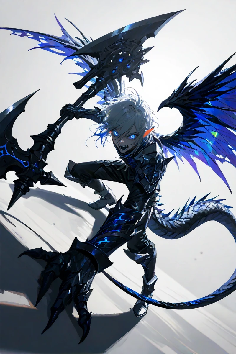 <lora:å¨æå§¿å¿1>,dynamic_pose,
depth of field,lens flare,(artist:quasarcake:0.8),extreme aesthetic,(wlop:0.6),wanke,newest,
dynamic pose,depth of field,muted color,masterpiece,best quality,amazing quality,very aesthetic,absurdres,newest,
looking_at_viewer,close-up,HDR,Shadow Play,ambient occlusion,ray_tracing,(perspective:1.3),dutch angle,exaggerated perspective,foreshortening,Visual impact,A shot with tension,
masterpiece,best quality,high quality,solo,long_hair,open_mouth,blue_eyes,1boy,standing,tail,full_body,white_hair,male_focus,boots,wings,teeth,fighting_stance,pointy_ears,armor,giant axe,glowing,colored_skin,sharp_teeth,glowing_eyes,scales,white_eyes,simple_background,clean_background,minimalistic,white_background,wield an axe,dynamic trajectory,motion_lines,