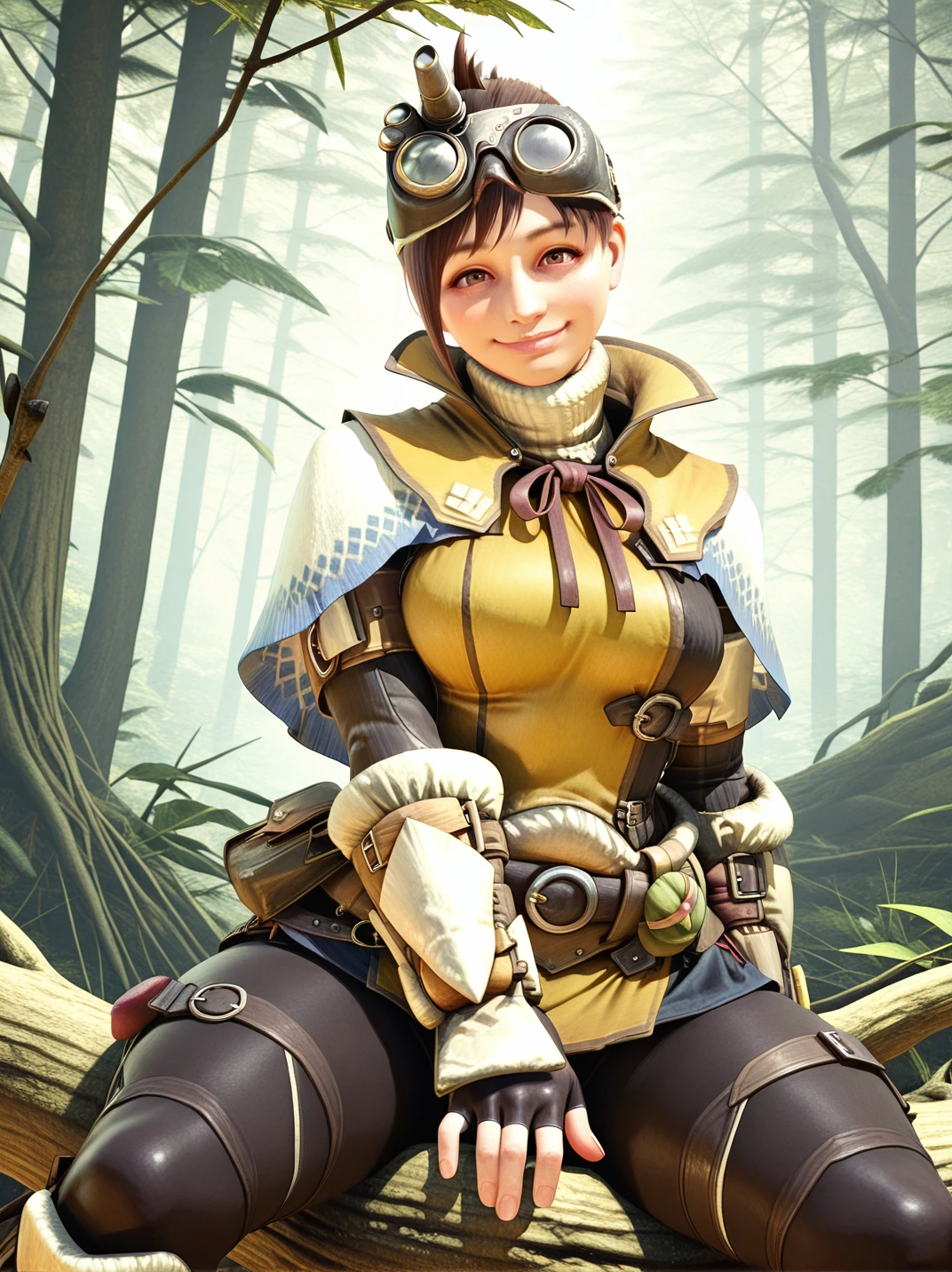 (official style, highres:1.2), realistic, screencap,
1girl, (TheHandlerXL:1), (goggles on head, short hair, brown hair, turtleneck, yellow tunic, capelet, fingerless gloves, brown eyes, arm guards, black pants, belt, belt pouch, :1.2),, narrow waist, wide hips, large breasts, thick thighs,
light smile, dutch angle, naughty pose, looking at viewer, forest, outdoors, solo, dynamic pose, cowboy shot, head tilt, sitting on tree, spread legs, hands between legs, naughty face,
<lora:ATheHandler_character:1>