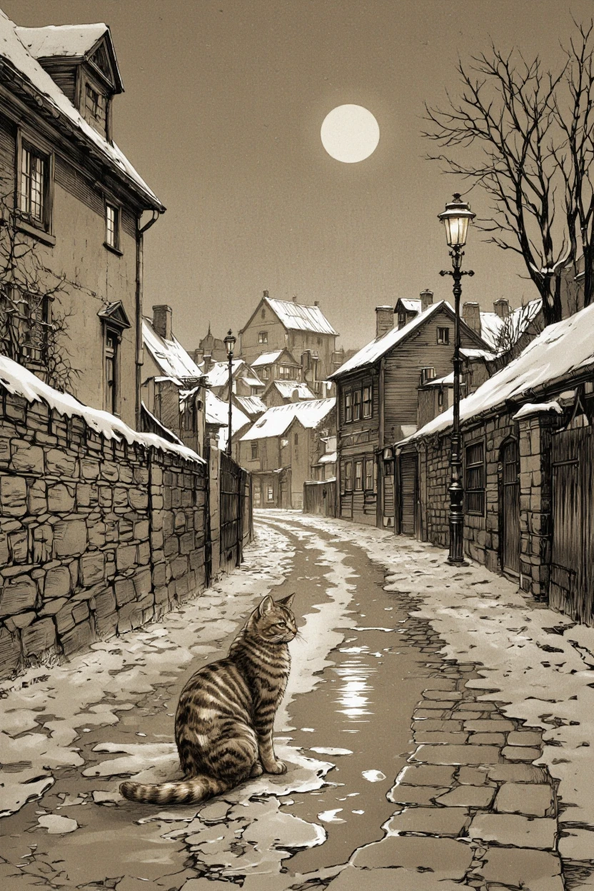 DarKata style. A vintage illustration of a cat sitting in a puddle on a cobblestone street at night, illuminated by a full moon in the background. the scene is set in a rural village, with snow-covered rooftops and old-fashioned buildings on either side. the street is lined with stone walls and lampposts, casting a warm glow on the scene. the cat is sitting in the middle of the image, looking out into the distance, with its reflection visible in the puddle. it appears to be a tabby cat, with a striped coat and a curious expression, as if it is pondering something. the image has a sepia tone, giving it an aged and worn look, reminiscent of a classic engraving style. the overall mood is peaceful and serene, evoking a sense of solitude and solitude.