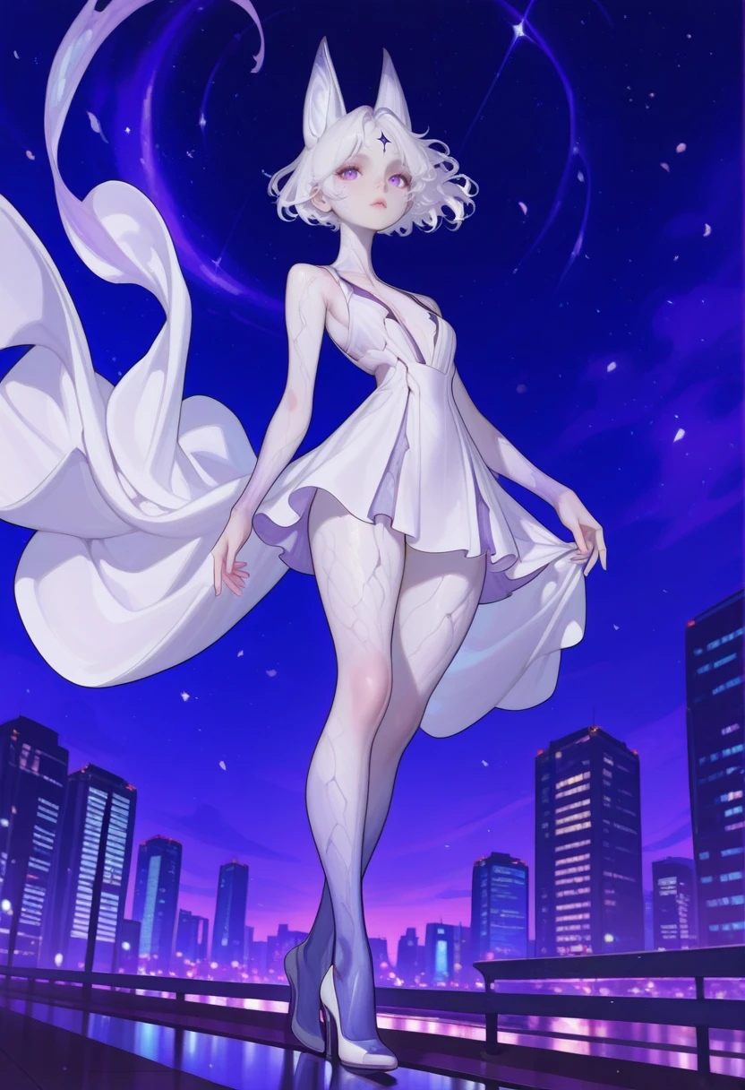 very awa, masterpiece, best quality, absurdres, newest, perfect quality, detailed background, intricate details
<lora:ILOCAlCt:1>
OCAlCt, 1girl, short hair, white hair, colored skin, animal ears, alien, purple eyes, facial mark, sleeveless, short dress, high heels, floating hair, looking at viewer, realstic background, depth of fields,cinematic lighting,dutch angle,outdoors,night,city