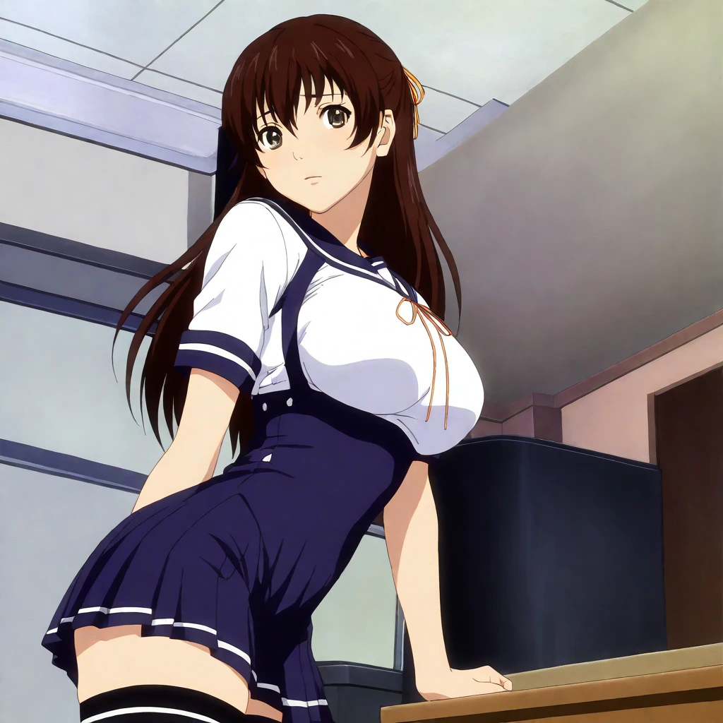 masterpiece,high score,great score,absurdres,looking at viewer,solo,from side,<lora:AmiUehara hassakuill30:1> amiuehara, brown hair, long hair, hair ribbon, brown eyes,serafuku,underbust,thighhighs,