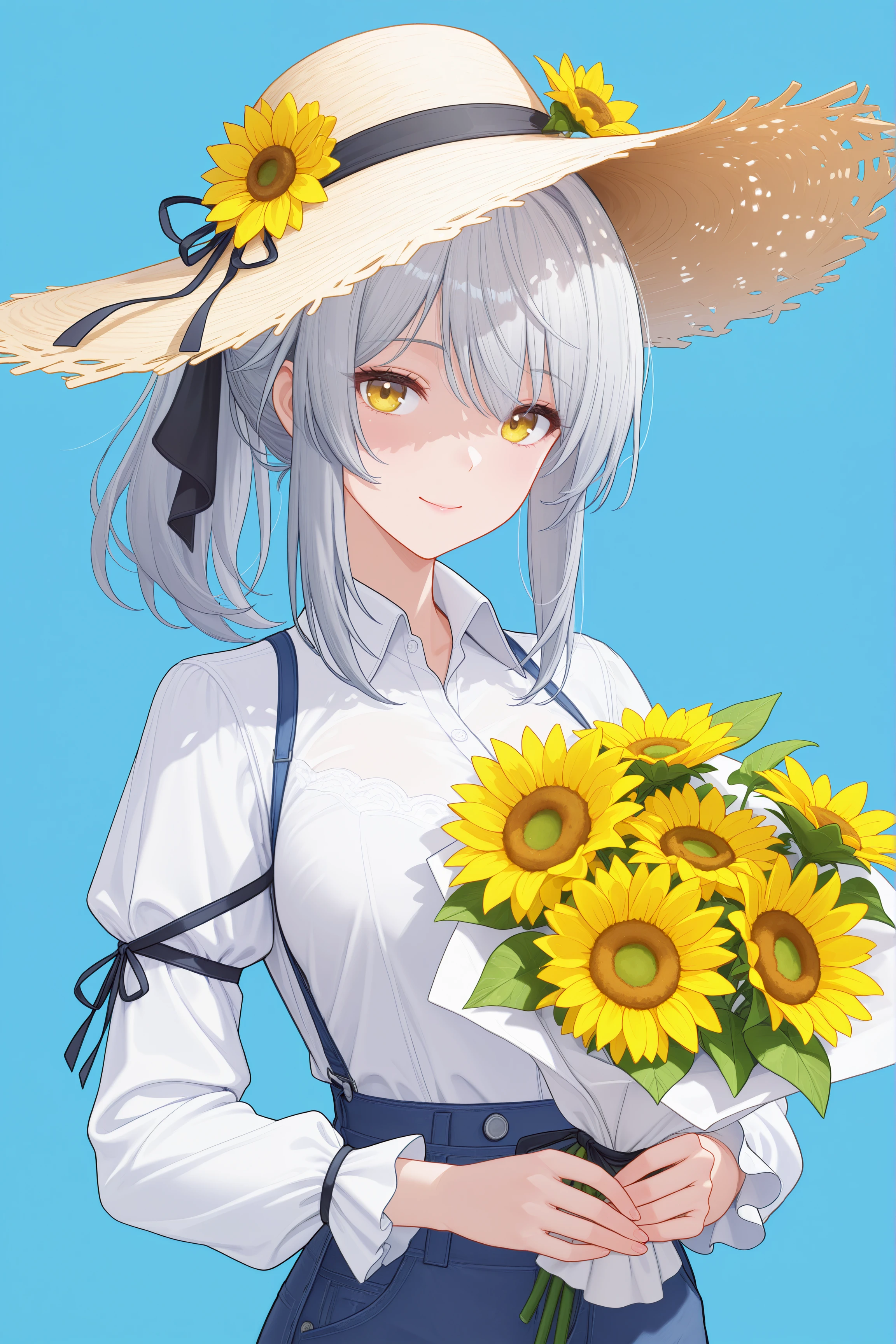 ,(artist:tokkyu:0.7),(artist:tokkyu:yoneyamamai:0.5),(artist:ran'ou(tamago_no_kimi):0.5),(artist:atdan:0.5),artist:yolanda,artist:rella,(artist:vixen),year 2023,fzlyfe, 1girl, solo, breasts, grey hair, yellow eyes,
hat, flower, shirt, solo, holding, sunflower, white shirt, blue background, looking at viewer, holding flower, straw hat, ribbon, smile, long sleeves, collared shirt, closed mouth, hat flower, simple background, pants, black ribbon, upper body, bouquet, holding bouquet, hat ribbon, ponytail, yellow flower, sun hat, hair ribbon,,masterpiece,best quality,amazing quality,highres,absurdres,newest,very aesthetic,extreme aesthetic,sensitive,very awa,incredibly
<lora:Xu Er thick paint composition light texture enhancement:0.3> <lora:se_v1_epic_style:0.2>