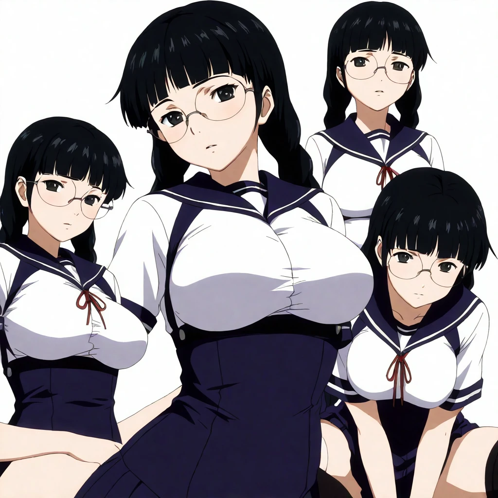 masterpiece,high score,great score,absurdres,looking at viewer,solo,<lora:character_Sheet_XL:0.5> character sheet, multiple views, white background,<lora:NaoKurata hassakuill30:1> 1girl, black hair, twin braids, black eyes, glasses,serafuku,underbust,thighhighs,