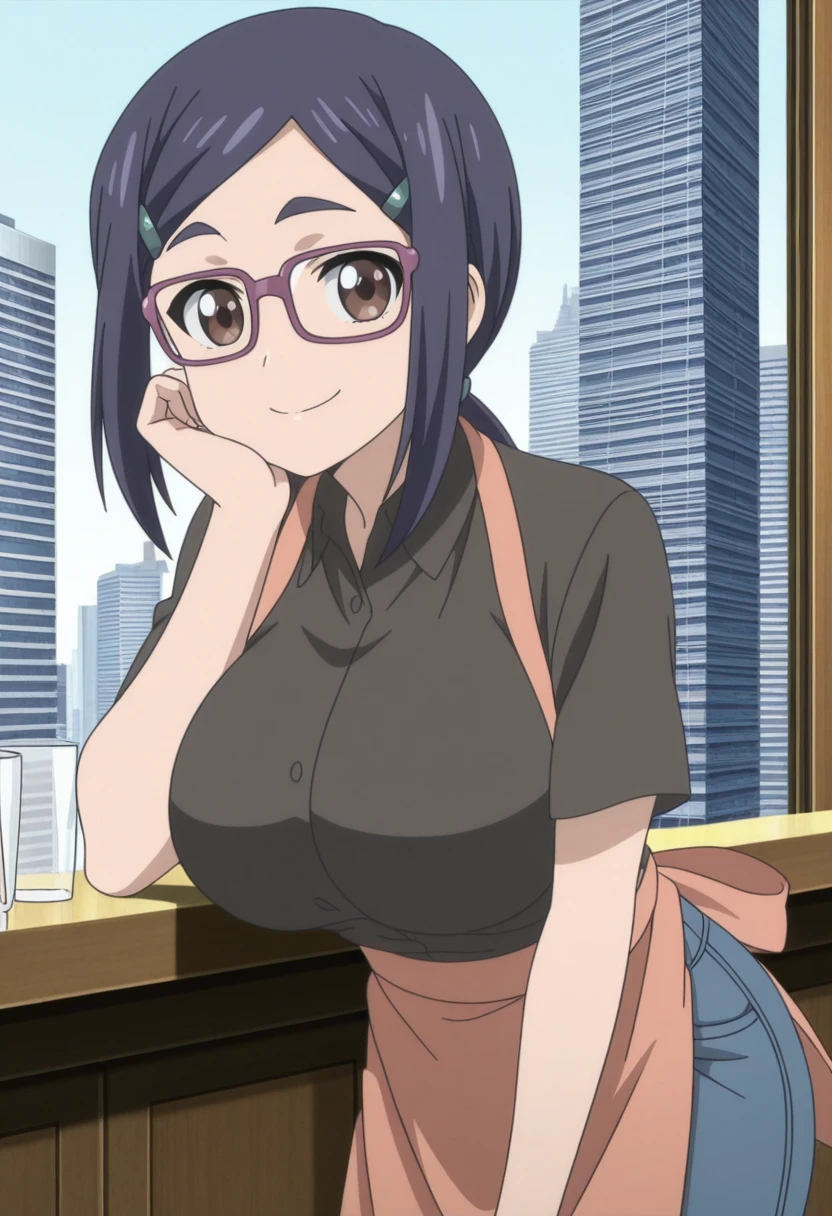 masterpiece, best quality, amazing quality,, <lora:ami-asai-s2-illustriousxl-lora-nochekaiser:1>, ami asai, long hair, hair ornament, brown eyes, blue hair, glasses, hairclip, ponytail, mature female, large breasts, anime screencap, shirt, black shirt, collared shirt, short sleeves, apron, pants, denim,, head rest, smile,, skyscraper, tall, glass, modern, building, cowboy shot, solo, looking at viewer,