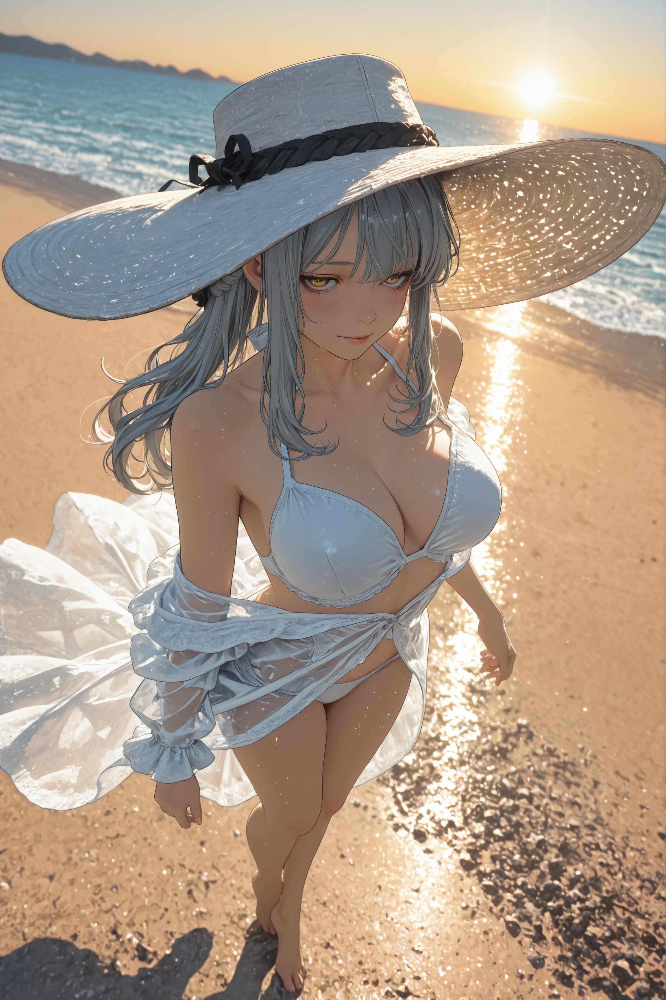Smo0thL1nes,,fzlyfe, 1girl, solo, breasts, grey hair, yellow eyes, braid,
half up half down braid,
klskx, pastel colours, golden hour, Mood Lighting, cinematic lighting, volumetric lighting, ray tracing, dramatic shadows, dappled light, chromatic aberration, overexposure, contour deepening, ((impressionism, excellent depth of field, partly realistic texture, dramatic lighting, oil painting \(medium\), )), smiling softly, looking at viewer, defined anatomy, dramatic lighting, dynamic angle, 1girl, swimsuit, cover up, clothes over swimsuit, white hat, wide brim hat, large hat, desert, beach, ocean, sun, wind, sunset, dynamic lighting, barefoot. full body, dynamic pose, dynamic shot, posing, dress over bikini, transparent dress, wet clothes, cute, pure, shy, BREAK, cowboy shot, close view, wavy hair, shoulder-long hair, jitome, gentlely smile, blush, large_breasts,,masterpiece,best quality,amazing quality,highres,absurdres,newest,very aesthetic,extreme aesthetic,sensitive,very awa,incredibly
<lora:takayanagi_katsuya:0.25> <lora:ppw_v8_noobVpredv1_1_128:0.5> <lora:iLLMythSmo0thL1nes:0.5> <lora:Dramatic Lighting Slider:0.5> <lora:ILXL_Realism_Slider_V.1:0.5>