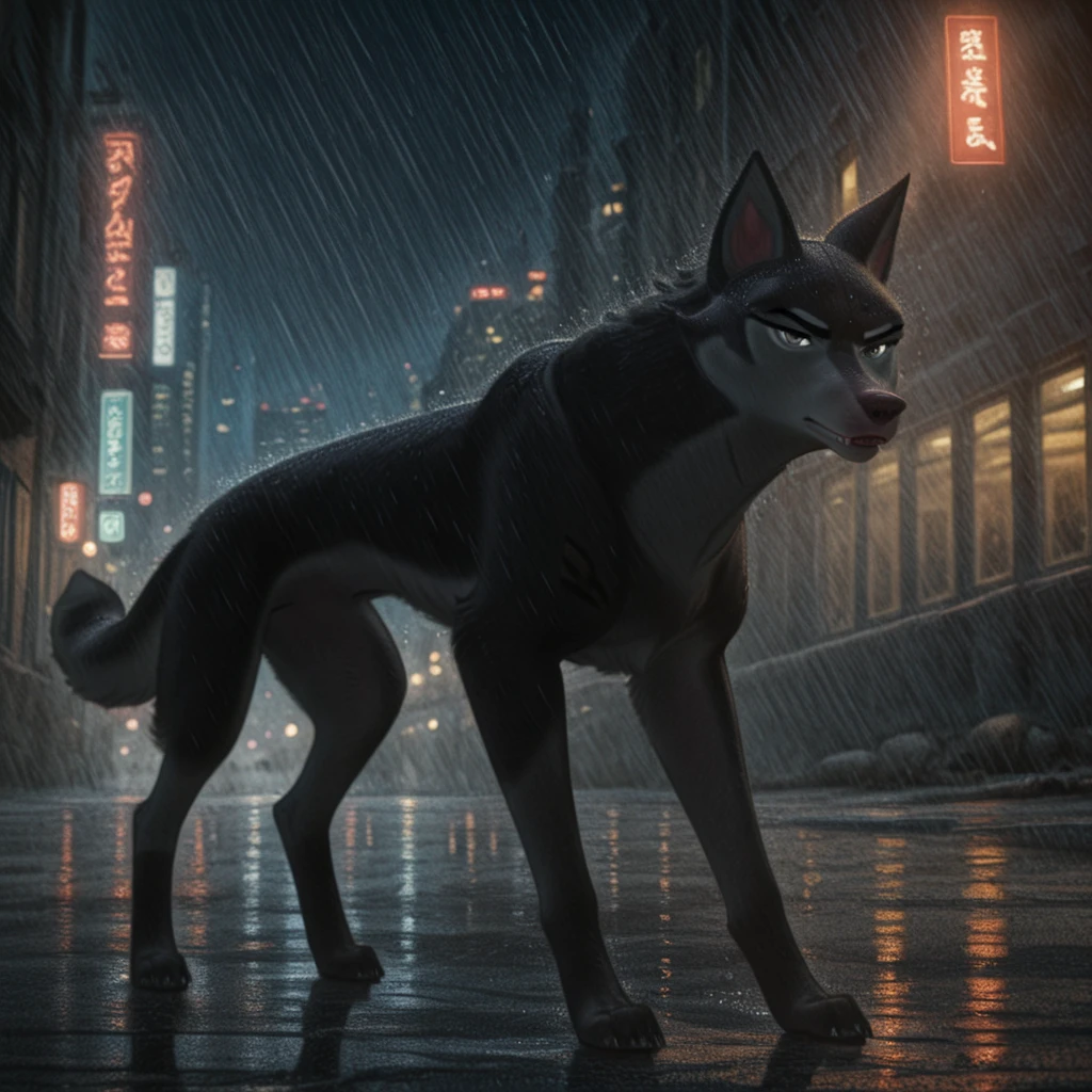 score_9, score_8_up, score_7_up, masterpiece, ultra-realistic, depth of field, traditional painting, ((cinematic)), (dynamic angle:1.2), (full body shot), rule of thirds, foreground silhouette, ((focus on character)), particles, wind, rain, looking at viewer, ((dramatic lighting)), street, standing, night, neon lights, cityscape, scenery, (rainy night), skyscrapers, solo, female, adult, (B4mi_Und3rdog), feral, furry, (detailed fluffy fur), black fur, paws, claws, fangs, perfect eyes, (silver eyes), serious