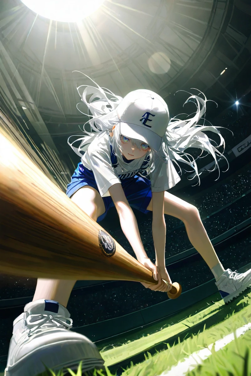 <lora:å¨æå§¿å¿1>,dynamic_pose,dynamic effects,
lens flare,(artist:quasarcake:0.8),extreme aesthetic,(wlop:0.6),wanke,newest,
dynamic pose,depth of field,muted color,masterpiece,best quality,amazing quality,very aesthetic,absurdres,newest,
looking_at_viewer,close-up,HDR,Shadow Play,ambient occlusion,ray_tracing,(perspective:1.3),dutch angle,exaggerated perspective,foreshortening,Visual impact,A shot with tension,
(Visual impact:1.3)A girl with long silver-white hair,delicate and beautiful face,wearing a white baseball cap with the brim slightly curled,exposing part of her silver-white hair. She stands sideways,holding a wooden baseball bat in her hands,leaning her body slightly forward,ready to hit the ball. The surface of the baseball bat is smooth,giving a sense of strength when held. She is dressed in standard baseball attire (white short sleeves and blue shorts) and wears white sneakers. The background features green grass,white base lines,and the audience stands are faintly visible. The lighting effect is backlighting or side lighting,highlighting the reflection of the baseball bat and the luster of her hair. The overall image exudes a sense of strength and focus,with a confident and resolute expression./////,absurdres,best-quality,masterpiece,masterpiece,amazing quality,best quality,