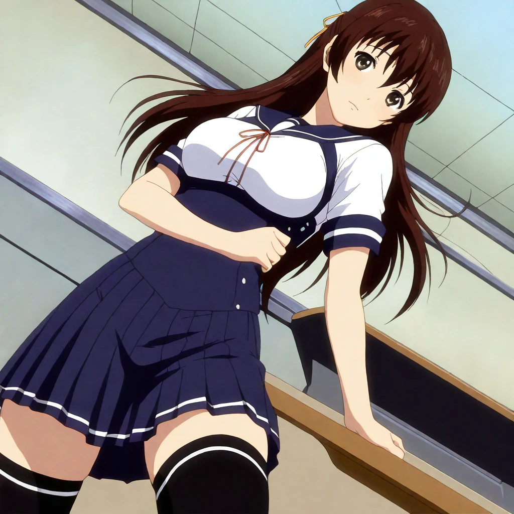 masterpiece,high score,great score,absurdres,looking at viewer,solo,<lora:AmiUehara hassakuill30:1> amiuehara, brown hair, long hair, hair ribbon, brown eyes,serafuku,underbust,thighhighs,