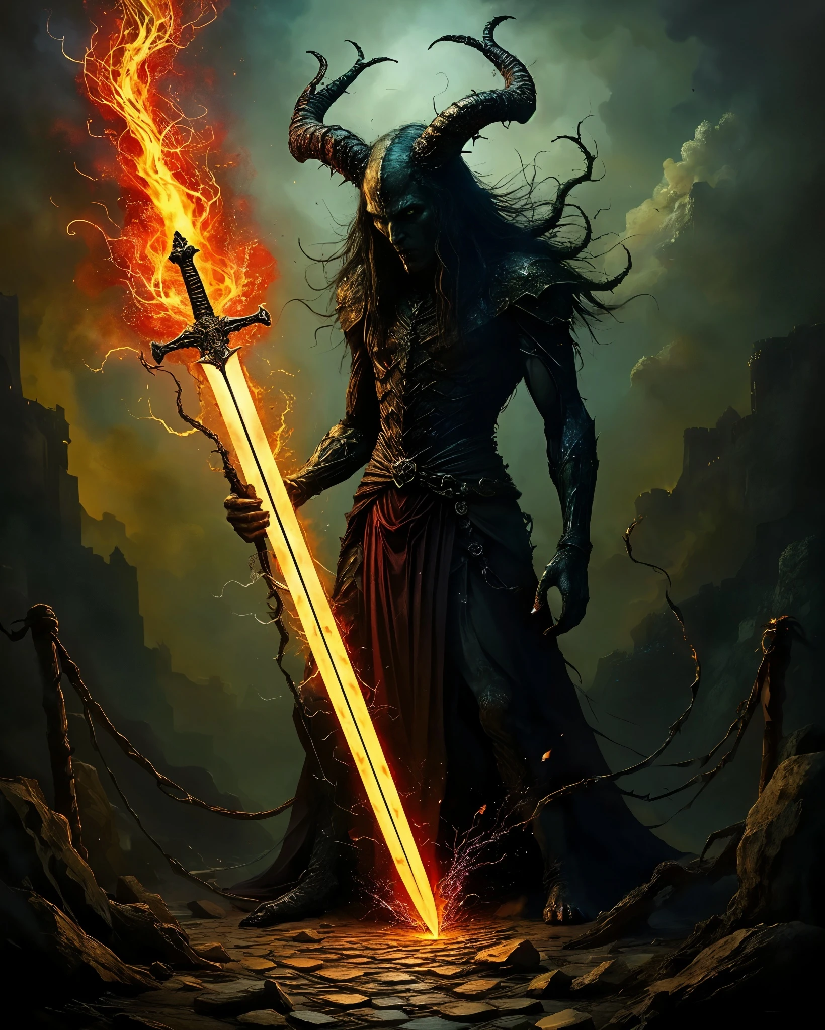 A dark, imposing figure with long black hair and large, twisted horns stands menacingly. Clad in armor and flowing crimson garments, they wield a glowing sword engulfed in flames. The background features a dramatic, smoky atmosphere with hints of ruins, creating a sense of chaos and power. The ground is cracked, illuminated by the fiery sword, while chains drape in the foreground, enhancing the sinister mood of the scene.