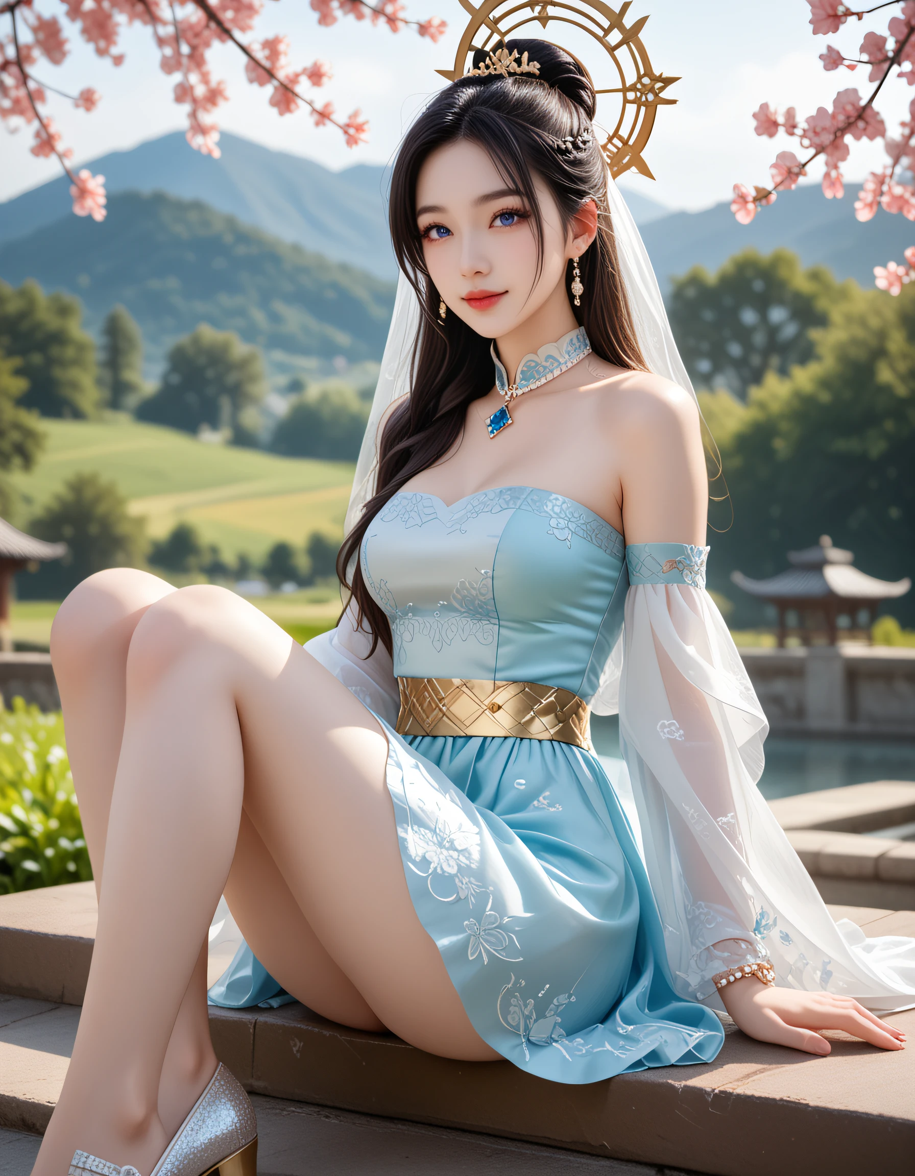 zPDXL3, safe_pos, score_9, score_8_up, source_realistic, source_anime,
8k, best quality, ultra high res, sharp focus,
masterpiece, expressive, digital art, cinematic,
intricate details, extremely detailed, Unreal Engine,
cinematic light, photo studio lighting,
dramatic angle, dynamic camera angle, unique perspective, unique angle, wide angle, dutch angle, foreshortening,
establishing shot, graceful stretching angle,
Diffuse lighting, (sfw:1.3),
Agfa APX 400, Ektar 100, Flash Photography,
larage breasts,
, ExpressiveH,
blurred eyes, innocent, lovely face,
big eyes, beautiful detailed eyes, very detailed eyes, detailed beautiful delicate face,
realistic humid skin, detailed skin,
sexy pose, sensual posture, graceful pose, curvy, scenery, perfect legs,
erotic posture, sexual intent, sensual, alluring, voluptuous,
dynamic pose, more detail,
blurry background,
1girl, , hanfu, seductive smile,
beautiful marigold girl with golden ruffled petals, pungent scent, and pest-repelling aura xianxia maiden, cyan blue dominant color dress, with chrome diopside green with chromium intensity and heirloom sunset orange secondary tones, carved wood grain with natural striations surface texture,
wearing elegant waterproof qipao with special coating with soft collar with pliable texture collar and patterned light chiffon hanfu top with jade details over moonlit narrow straight sleeves with patterned details sleeves,
flowing transparent gauze overskirt with puddle train with fabric pooling and embroidered golden belt with phoenix motif belt, semi-sheer gradient thighhighs legwear, floral soft leather shoes with jade buckle footwear,
facial features: warm compassion with caring expression expression, zodiac brows with astrological symbols eyebrows, layered purple smoky eyes eye makeup, delicate amber glowing jewel mark forehead markings,
hair styling: fragrant side braid with silk ribbon and amethyst crown radiating with purple majesty hairstyles,
accessories: immortal pearl hair ornament hair ornaments, crystal bracelet with layered details jewelry, sheer face veil with cherry blossom embroidery and obituary scrolls with death announcement additional accessories,
pose: slow pivot, sleeve circle forming halo, (sleeve swirl:1.2), (graceful spin:1.15) and friendship building with social bonding in farming community with agricultural fields environment with lotus cloudy mountain peak, cliffside meditation pavilion background,
atmosphere: peony blooms showing opulence seasonal elements, north light with consistent quality lighting effects