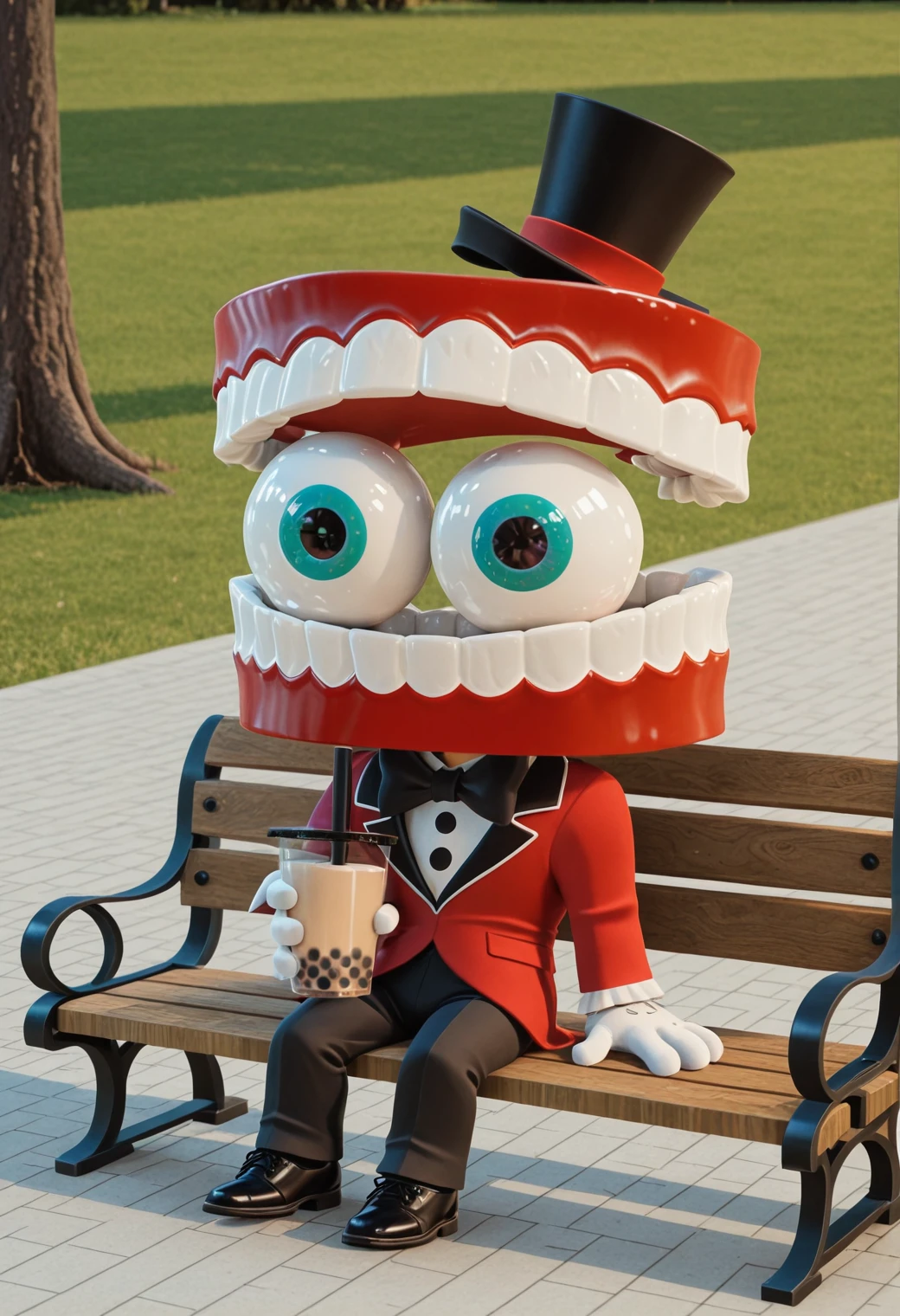 <lora:the_amazing_digital_circus-il>, tadc_caine, bubble tea, red jacket, white shirt, black bow tie, black pants, black shoes, white gloves, sitting park bench, holding cup, solo, daylight, soft shadow, trees background, chibi