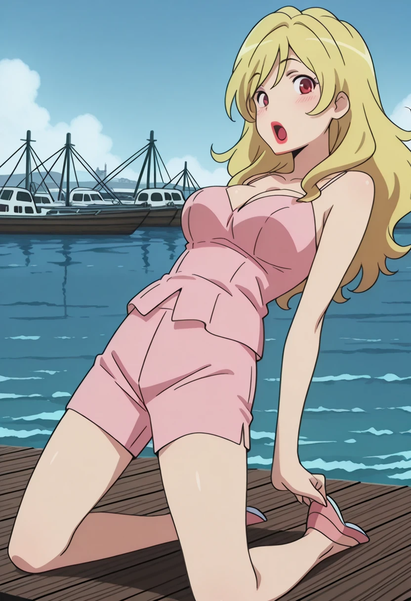 masterpiece, best quality, amazing quality,, <lora:yasuko-takasu-s1-illustriousxl-lora-nochekaiser:1>, yasuko takasu, long hair, blonde hair, red eyes, mature female, medium breasts, anime screencap, camisole, collarbone, bare shoulders, bare arms, shorts, cleavage, makeup, lipstick,, <lora:camel-pose-illustriousxl-lora-nochekaiser:1>, camel pose, solo, blush, open mouth, kneeling, looking at viewer, arms down,, harbor, boats, water, dock, trade, cowboy shot, solo, looking at viewer,