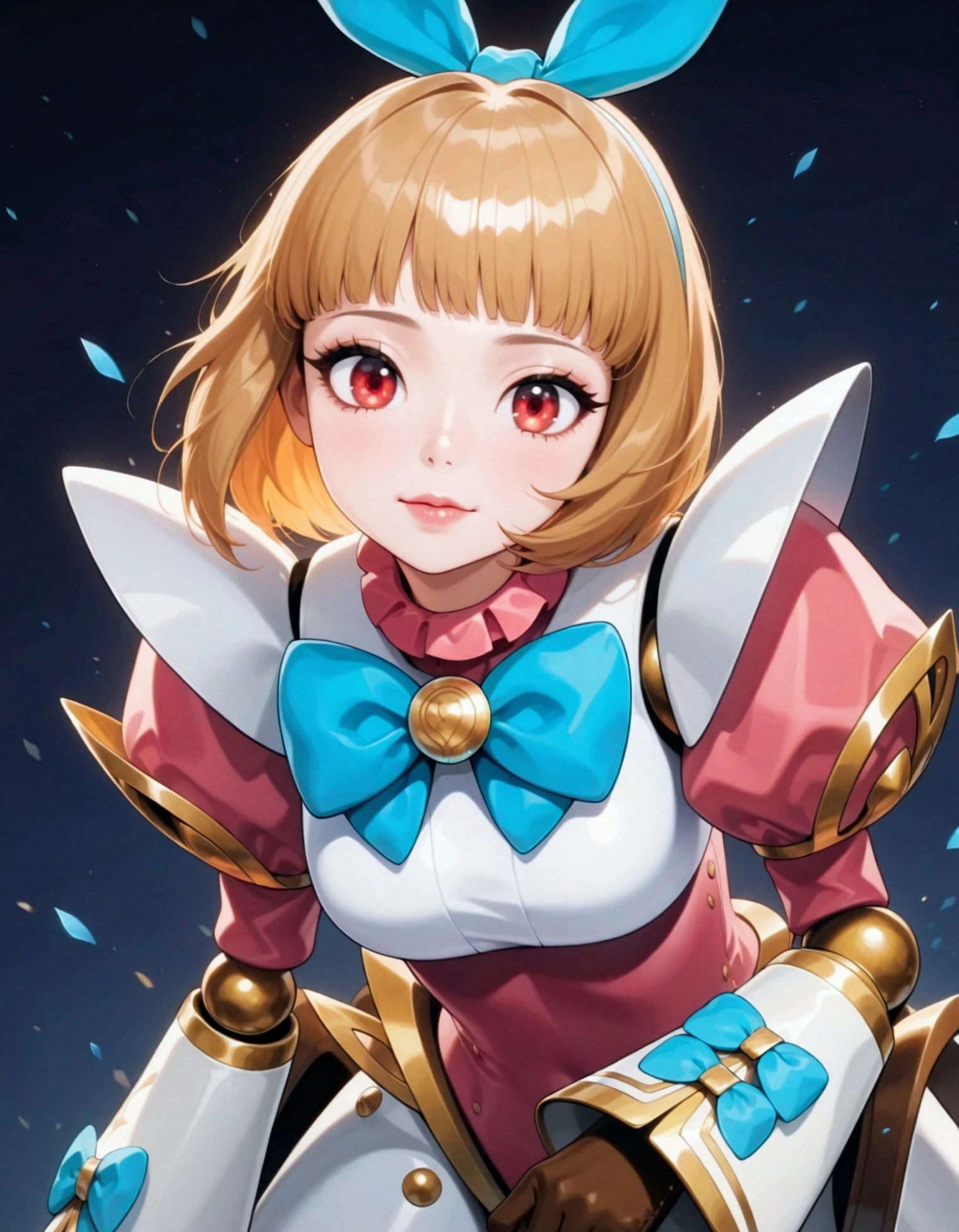 <lora:ANGELA:1>,masterpiece,best quality,ultra-detailed,absurdres,very aesthetic,fantasy illustration,angela,short hair,solo,bow,bangs,blue bow,red eyes,lips,looking at viewer,