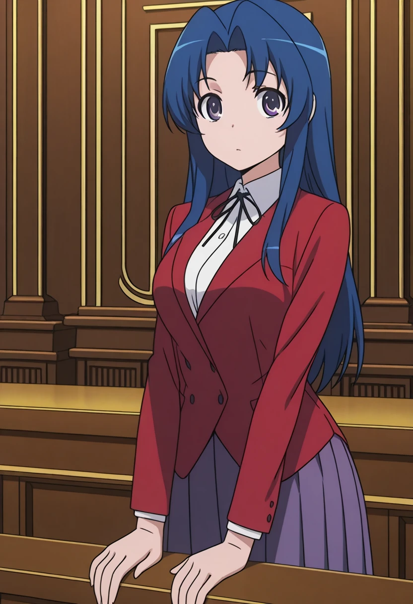 masterpiece, best quality, amazing quality,, <lora:ami-kawashima-s1-illustriousxl-lora-nochekaiser:1>, ami kawashima, long hair, blue hair, purple eyes, parted bangs, mature female, , anime screencap, jacket, red jacket, long sleeves, shirt, white shirt, collared shirt, ribbon, skirt, pleated skirt,, hands on own knees, courtroom, judge, witness_stand, audience, formality, cowboy shot, solo, looking at viewer,