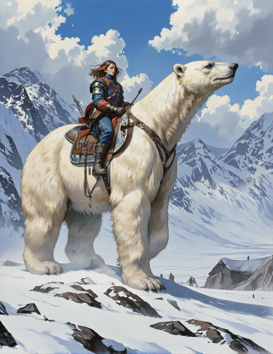 DarKata style. A realistic digital illustration shoot from a side angle about a female warrior riding atop a large polar bear in a snowy landscape. the image also shows a mountainous landscape with snow-covered mountains in the background and a few people in the distance. on the middle of the image, a young woman with long brown hair is riding on the back of a large white polar bear. she appears to be in her mid-twenties, with a determined expression on her face. she is wearing a blue and red outfit with armor and weapons strapped to her shoulders, including a sword and a shield. her hair is blowing in the wind, and she is holding a sword in her right hand. the polar bear has a harness attached to its back, and its fur is white and fluffy. the scene is set against a bright blue sky with fluffy white clouds, and the ground is covered in snow.