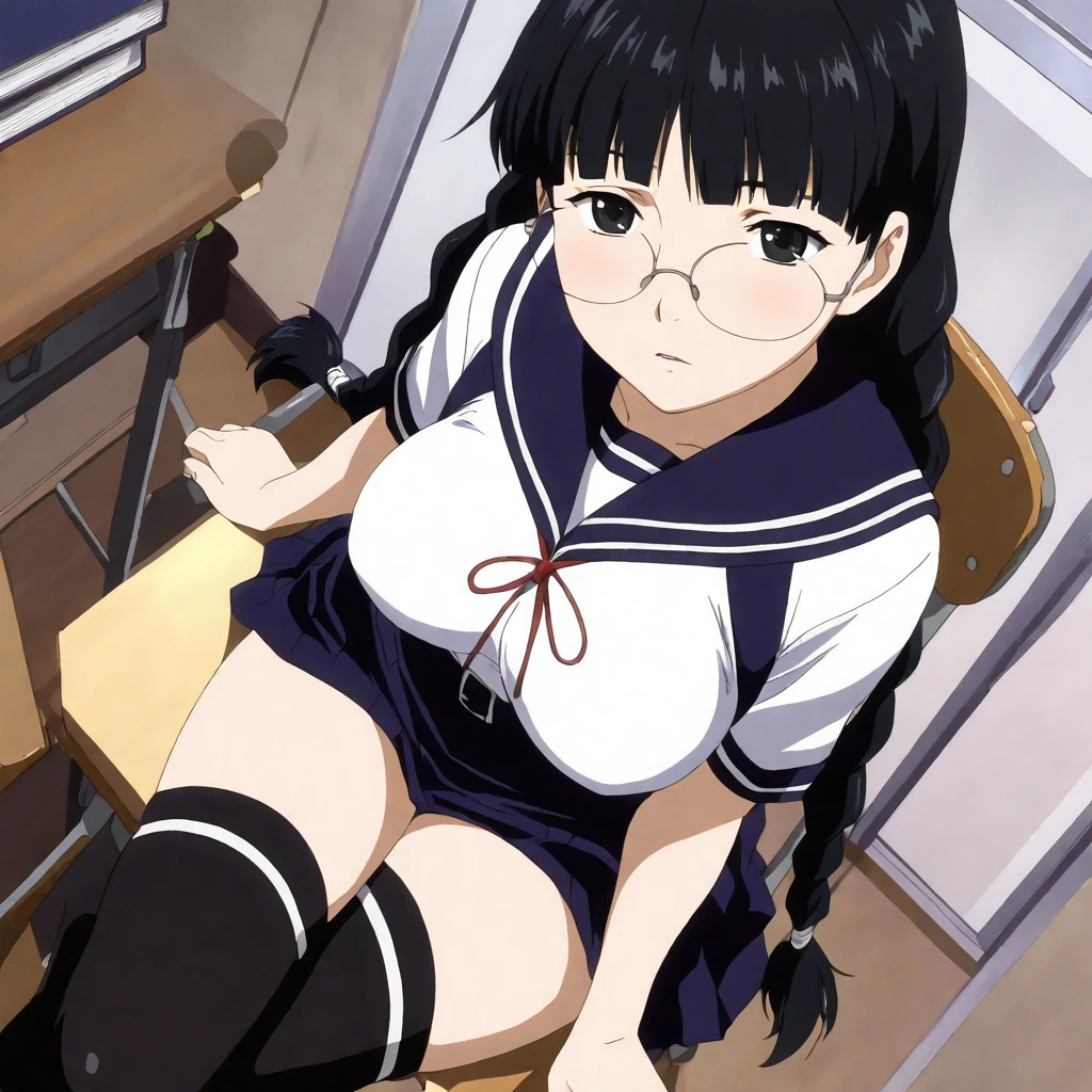 masterpiece,high score,great score,absurdres,looking at viewer,solo,<lora:NaoKurata hassakuill30:1> 1girl, black hair, twin braids, black eyes, glasses,serafuku,underbust,thighhighs,