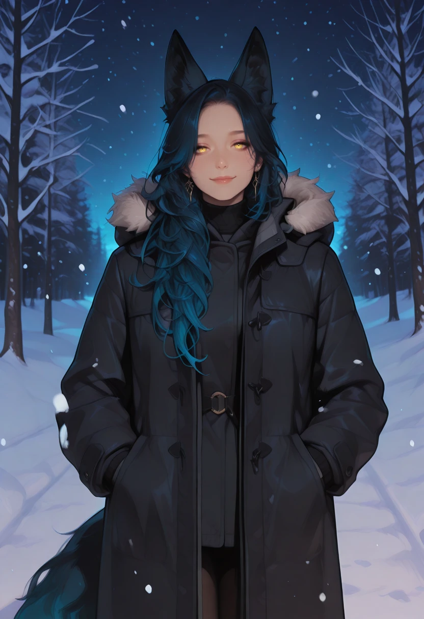 very awa, masterpiece, best quality, absurdres, newest, perfect quality, detailed background, intricate details
<lora:ILOCWlfGrlBBl:1>
OCWlfGrlBBl, 1girl, long hair, black hair, blue hair, gradient hair, animal ears, yellow eyes, fox girl, snow, hands in pockets, black coat, outdoors, snowing, cold, fur trim, winter clothes, smile, standing, night, hood, looking at viewer, open coat, cowboy shot