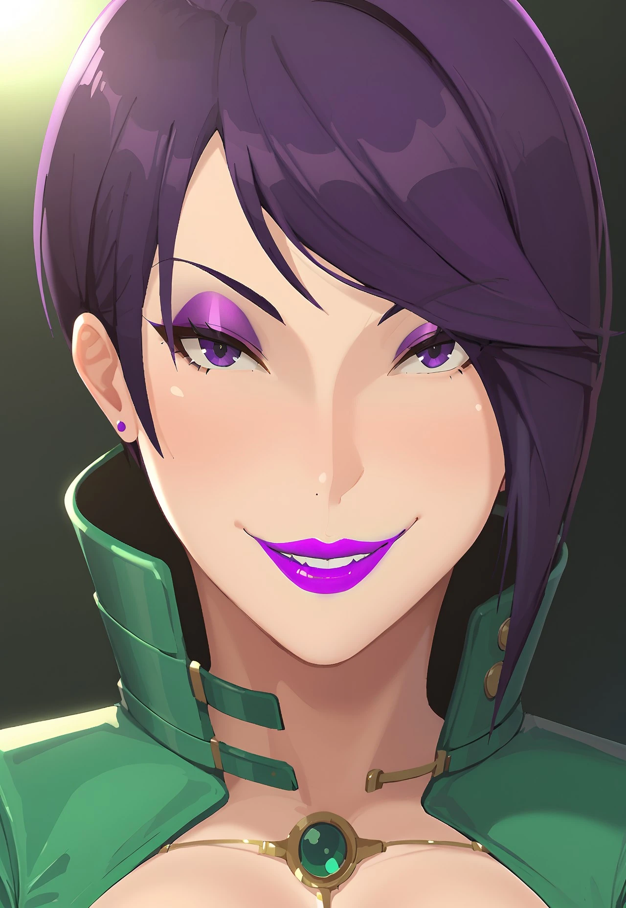masterpiece, best quality, score_9, score_8_up, score_7_up, source_anime, anime style, cel shading, ultra detailed face, dramatic close-up, TowerYvonne, 1girl, purple_hair, short_hair, asymmetrical_bob, sharp_bangs, purple_eyes, purple_eyeshadow, purple_lipstick, smirking,  look, head tilted slightly, looking at viewer, glowing green lighting, green dungeon, background blur, cinematic lighting

